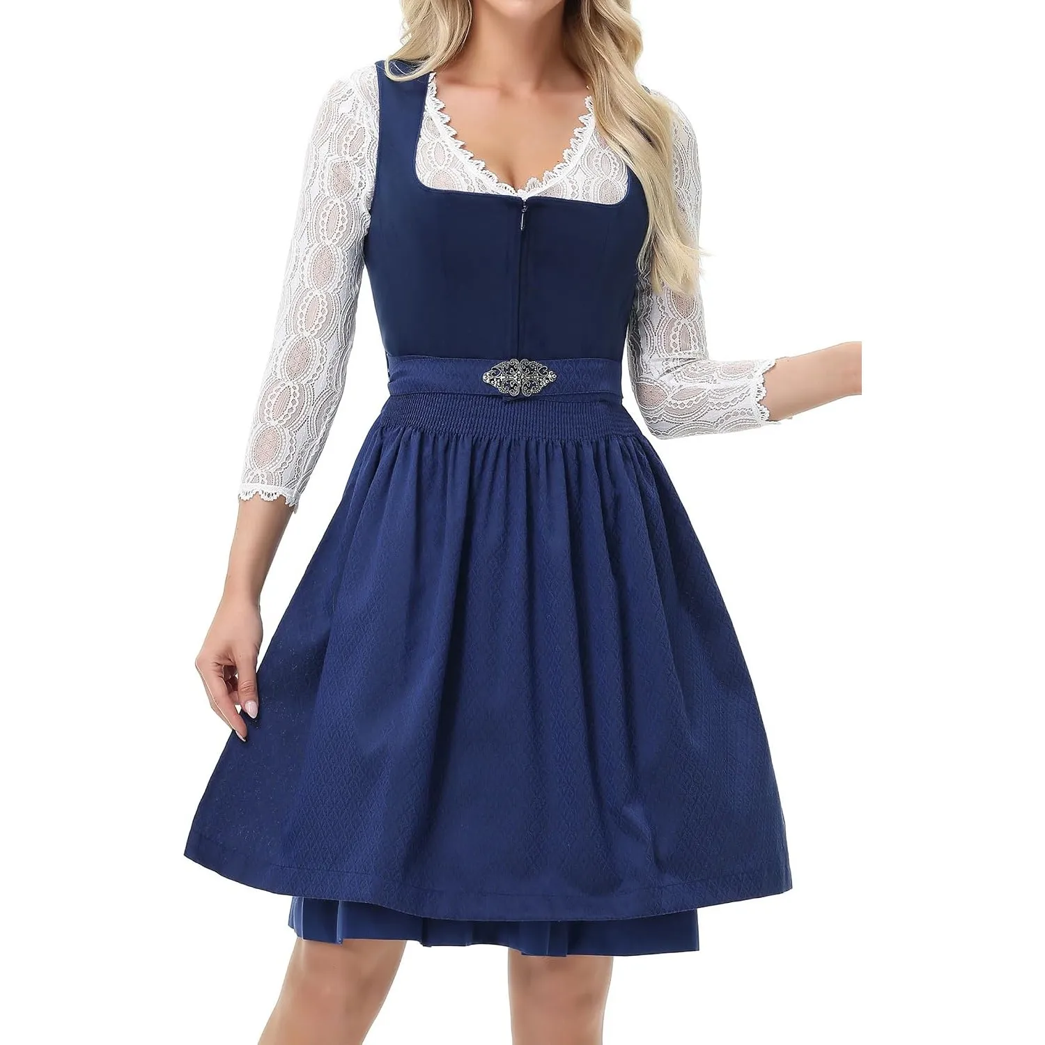 TrendiMax Damen Midi Dirndl - Elegant Samt Dirndlkleid Trachtenkleid für Oktoberfest mit Blumenmuster Schürze 34-46