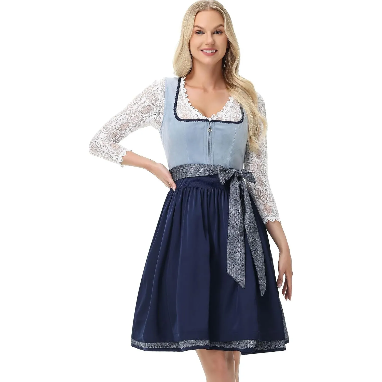 TrendiMax Damen Midi Dirndl - Elegantes Trachtenkleid Samt Dirndlkleid für Oktoberfest mit Dirndlschürze 34-46