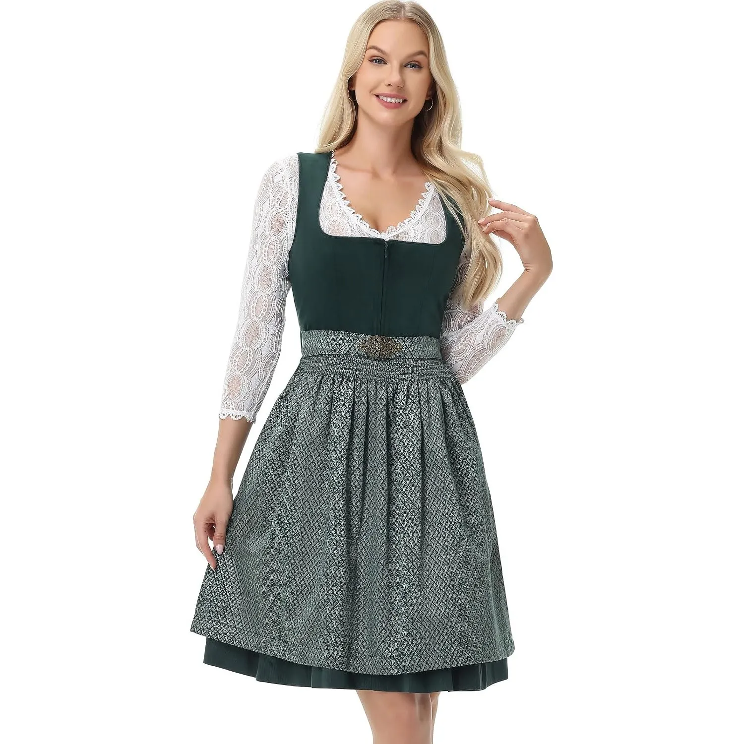 TrendiMax Damen Midi Dirndl - Elegant Samt Dirndlkleid Trachtenkleid für Oktoberfest mit Blumenmuster Schürze 34-46