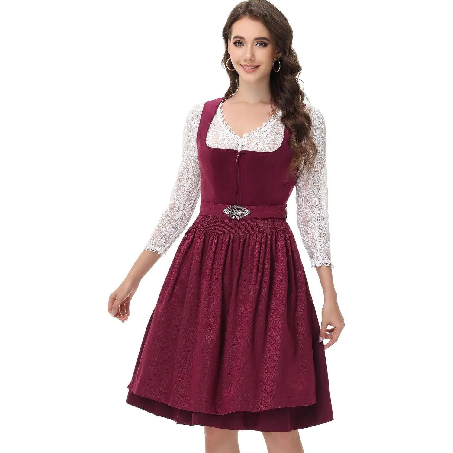 ELFIN Damen Dirndl, Elegante Trachtenkleid, Samt Midi Dirndl Damen Trachten Dirndlkleid für Oktoberfest