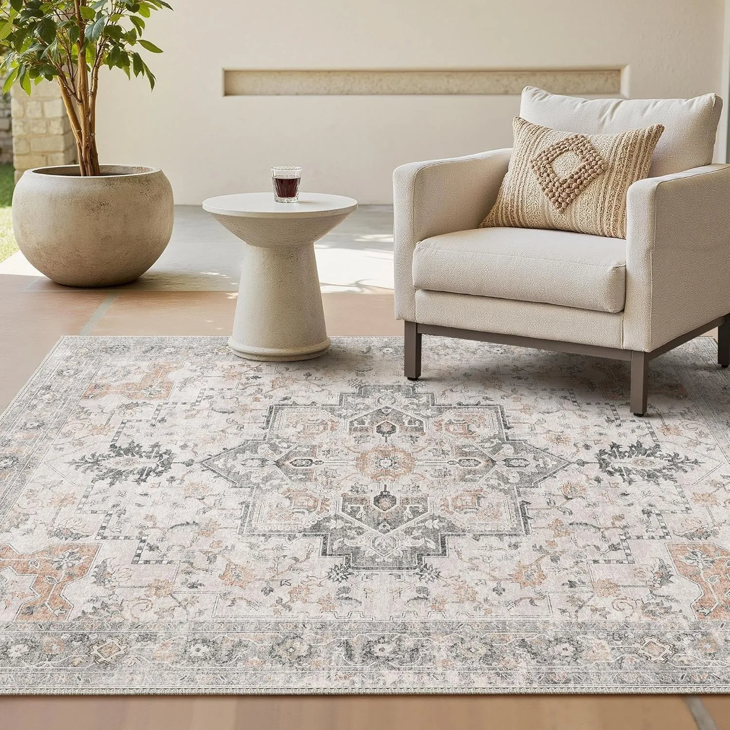 GENIMO Vintage Teppich Taupe Beige, Waschbar fürs Wohnzimmer, 160x230 cm | Weicher Kurzflor, Rutschfeste Rückseite, Pfl…