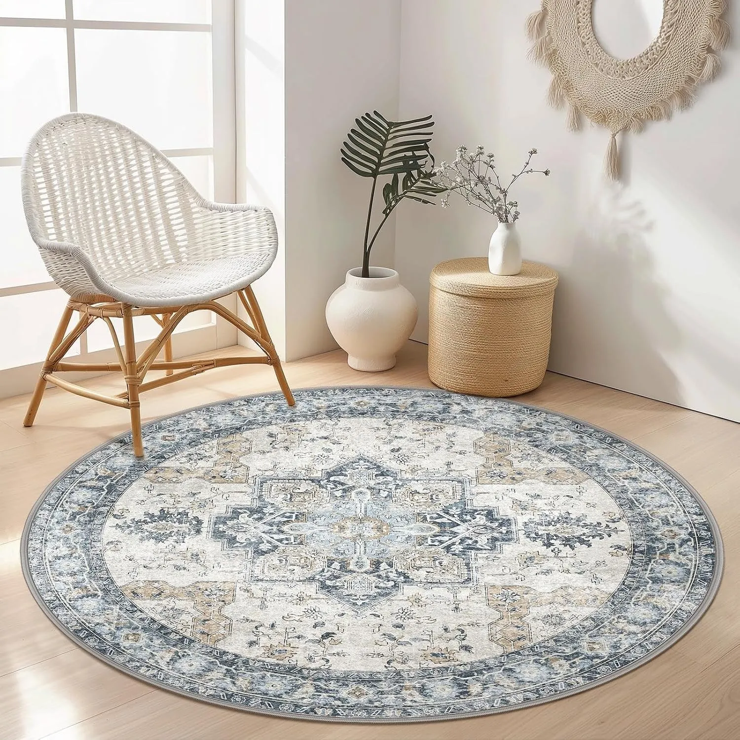 GENIMO Runder Vintage Teppich Blau, Waschbar fürs Wohnzimmer, Ø 160 cm | Weicher Kurzflor, Rutschfeste Rückseite, Pfleg…