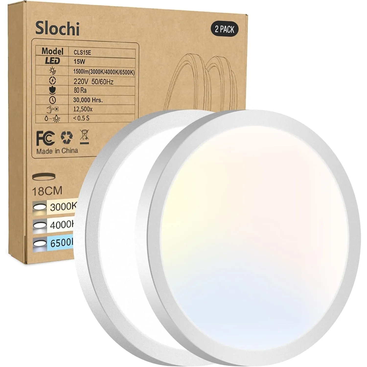 slochi Deckenlampe LED Deckenleuchte Flach, Ø18CM 3Farben 15W 1500LM Weiß