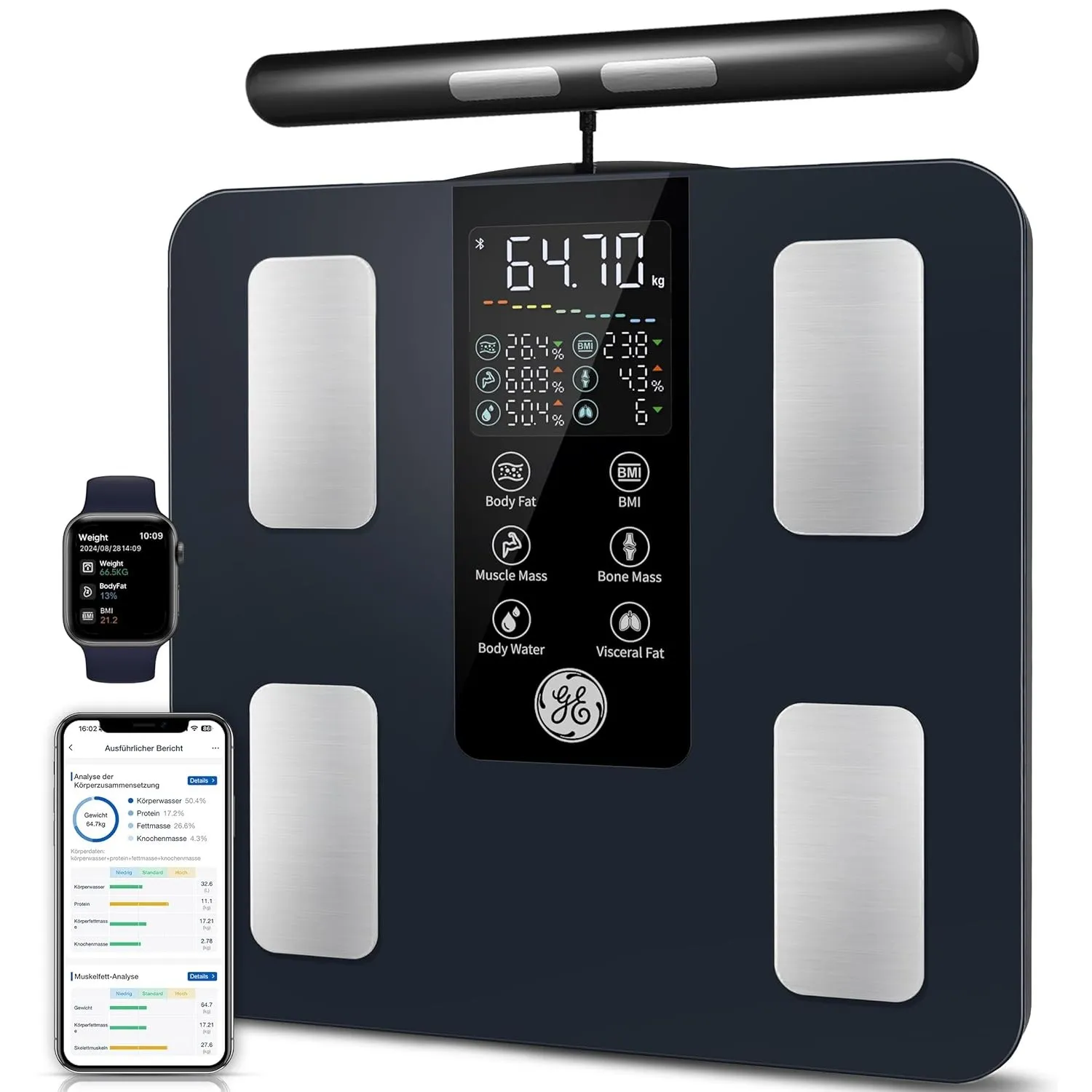 GE Körperfettwaage mit Handsensoren Smart, 50 Körperwerten Body Fat 180 kg