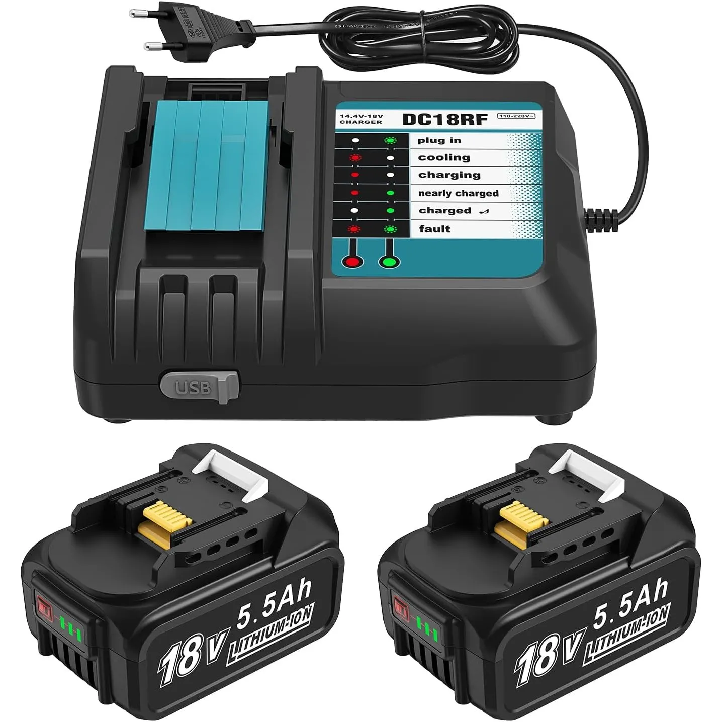 DC18RC 18V Ladegerät + 2 Stück 5,5Ah Ersatzakku Kompatibel mit Makita Akku und Ladegerät, 18V ErsatzAkkus BL1860B BL185…