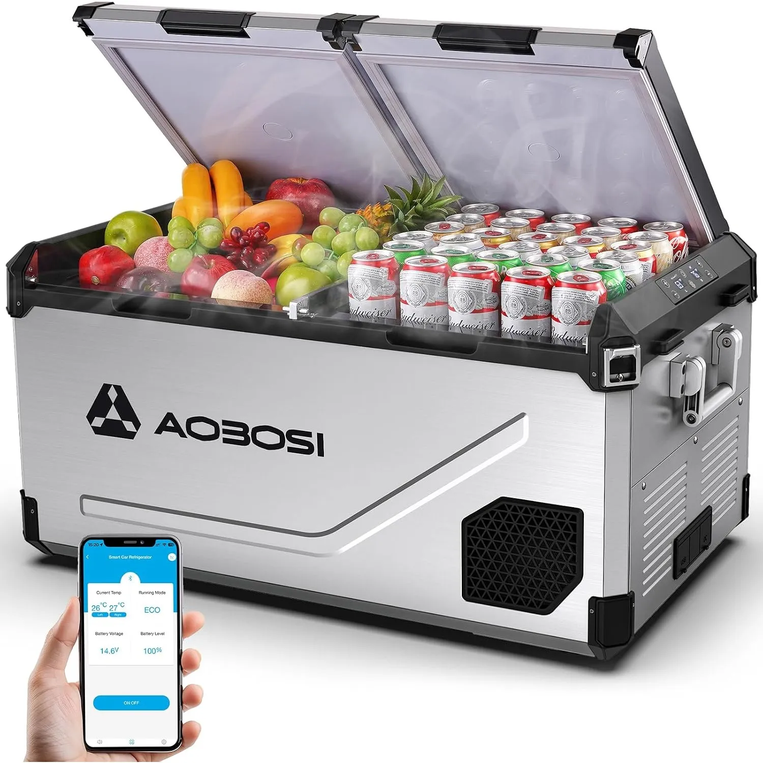 AAOBOSI Kompressor Kühlbox 95L Edelstahl, mit APP, -20°C bis 20°C, 12V 230V