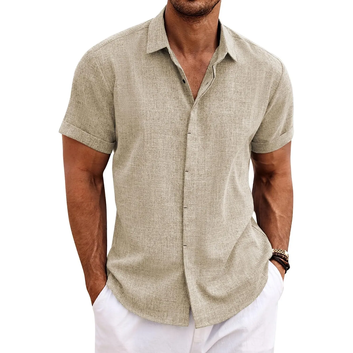 COOFANDY Leinenhemd Herren Kurzarm Hemd Button Down Regular Fit Freizeithemden Sommer Strand Leinen Shirt