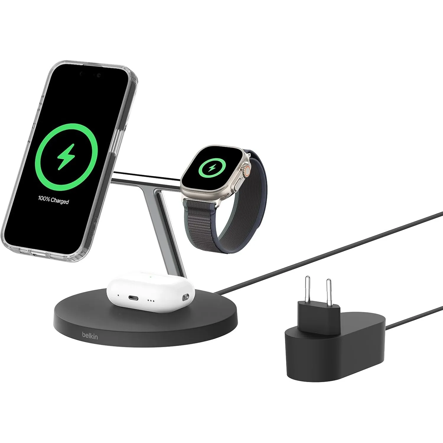 Belkin BoostCharge Pro 3-in-1 Qi2 Kabelloses Ladegerät, MagSafe-Kompatibles Ladegerät, Induktive Ladestation für die Ap…