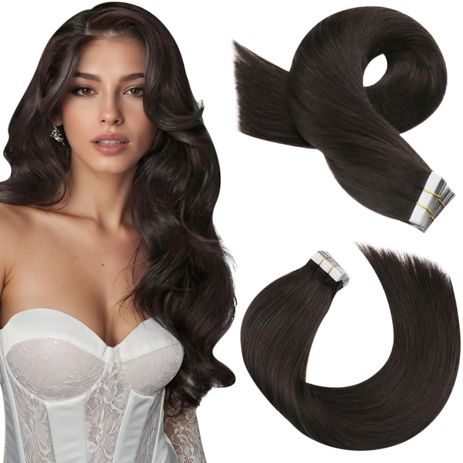 Moresoo Tape Extensions Echthaar Dunkelbraun 60 cm Invisible 50g 20 Stück