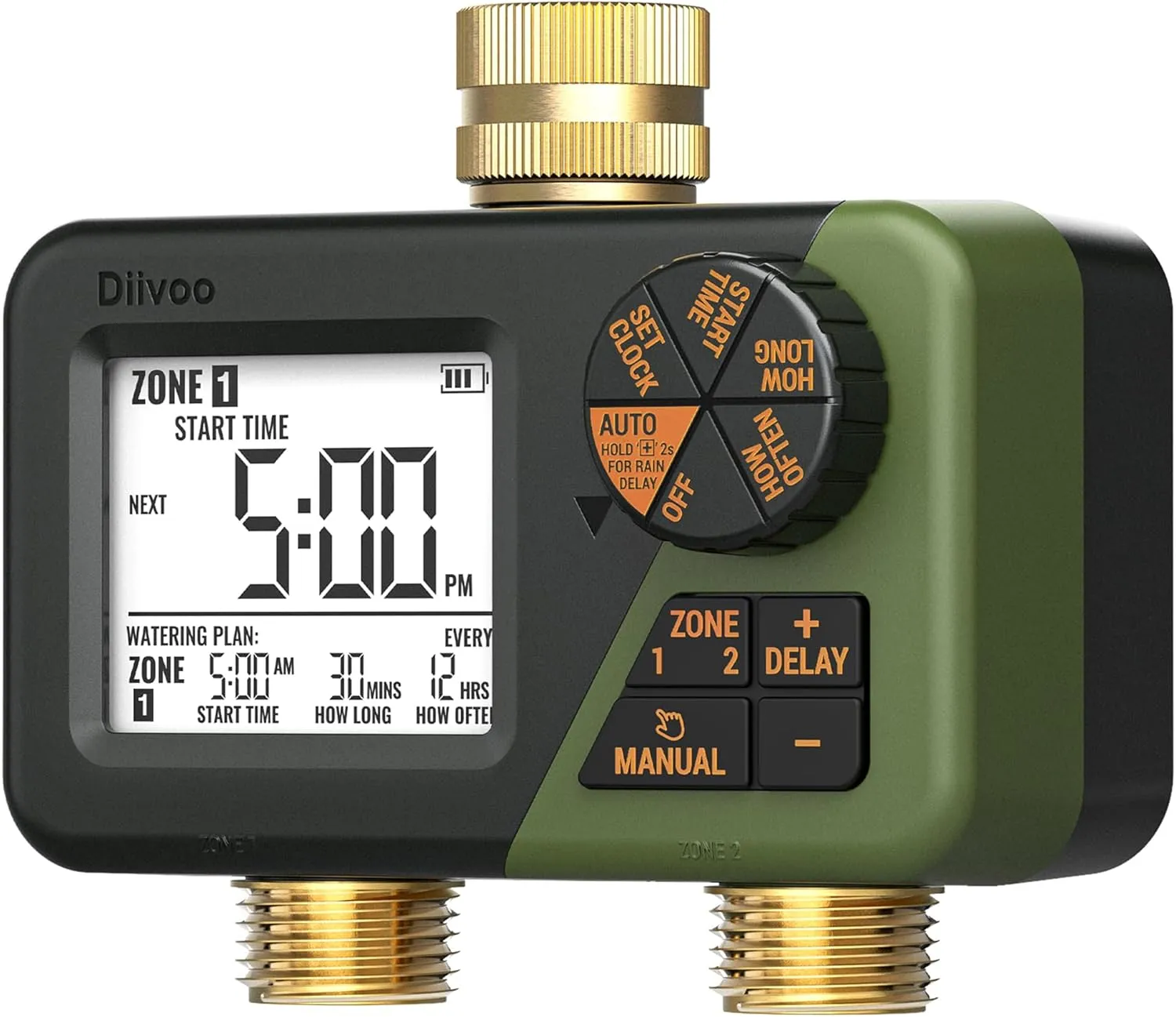 Diivoo IP66 Watering Computer with 2 Outputs, Brass Connectors, Large LCD Display & Rain Delay, Automatic and Manual Wa…