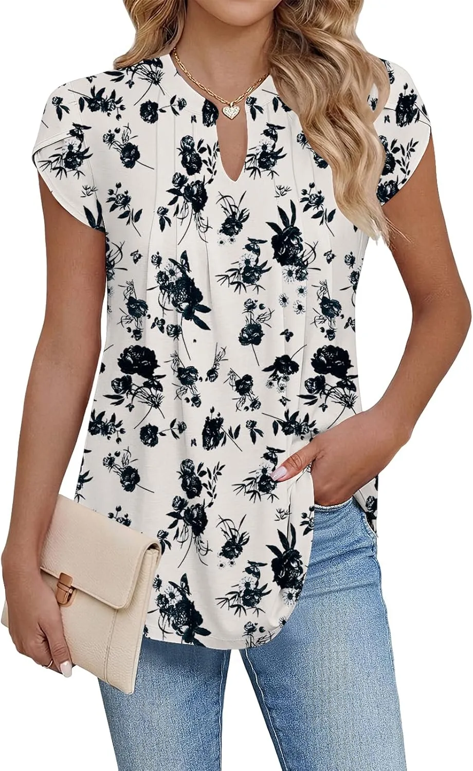 Cuptacc Damen Sommer Tunika V-Ausschnitt Blütenblatt Ärmel Bluse Elegant Lässig Basic Top S–XXL