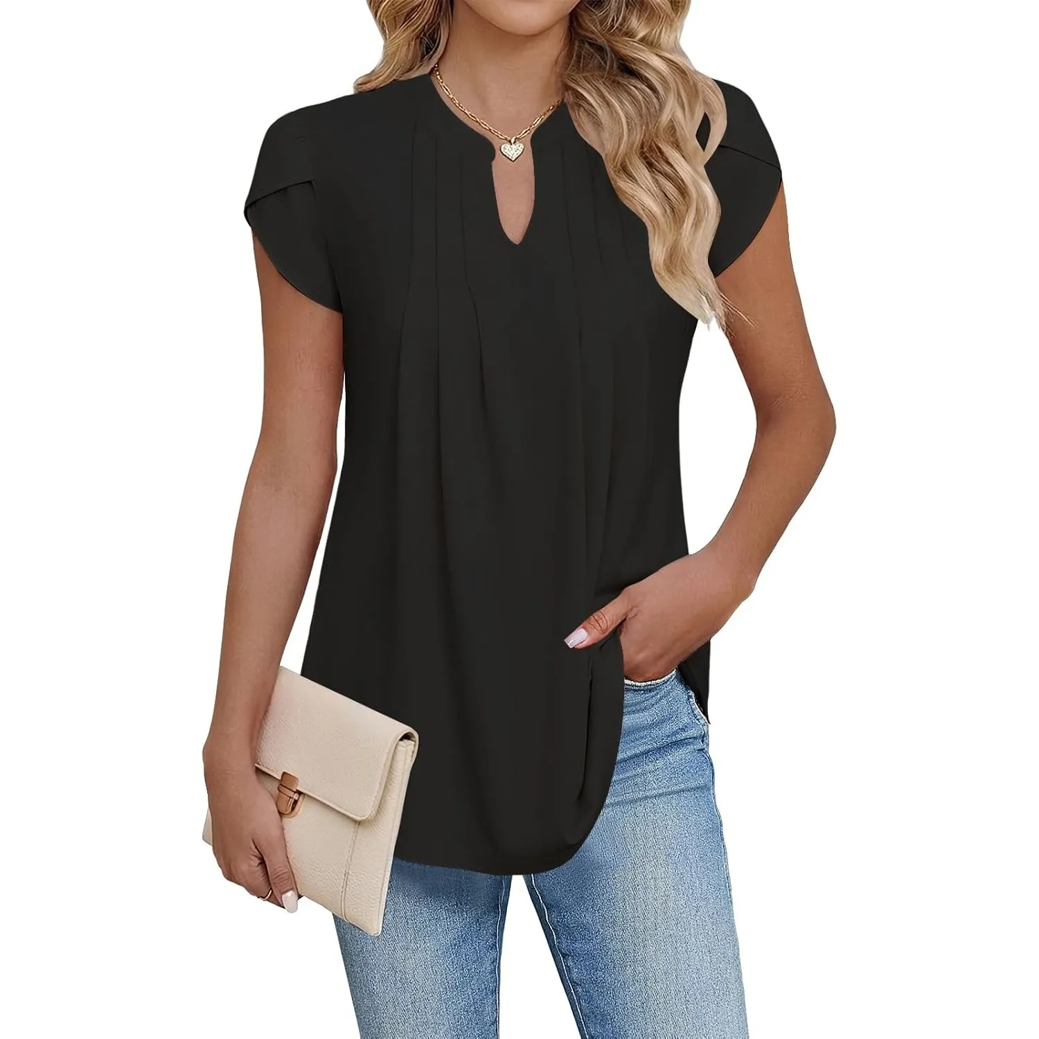 Cuptacc Damen Sommer Tunika V-Ausschnitt Blütenblatt Ärmel Bluse Elegant Lässig Basic Top S–XXL