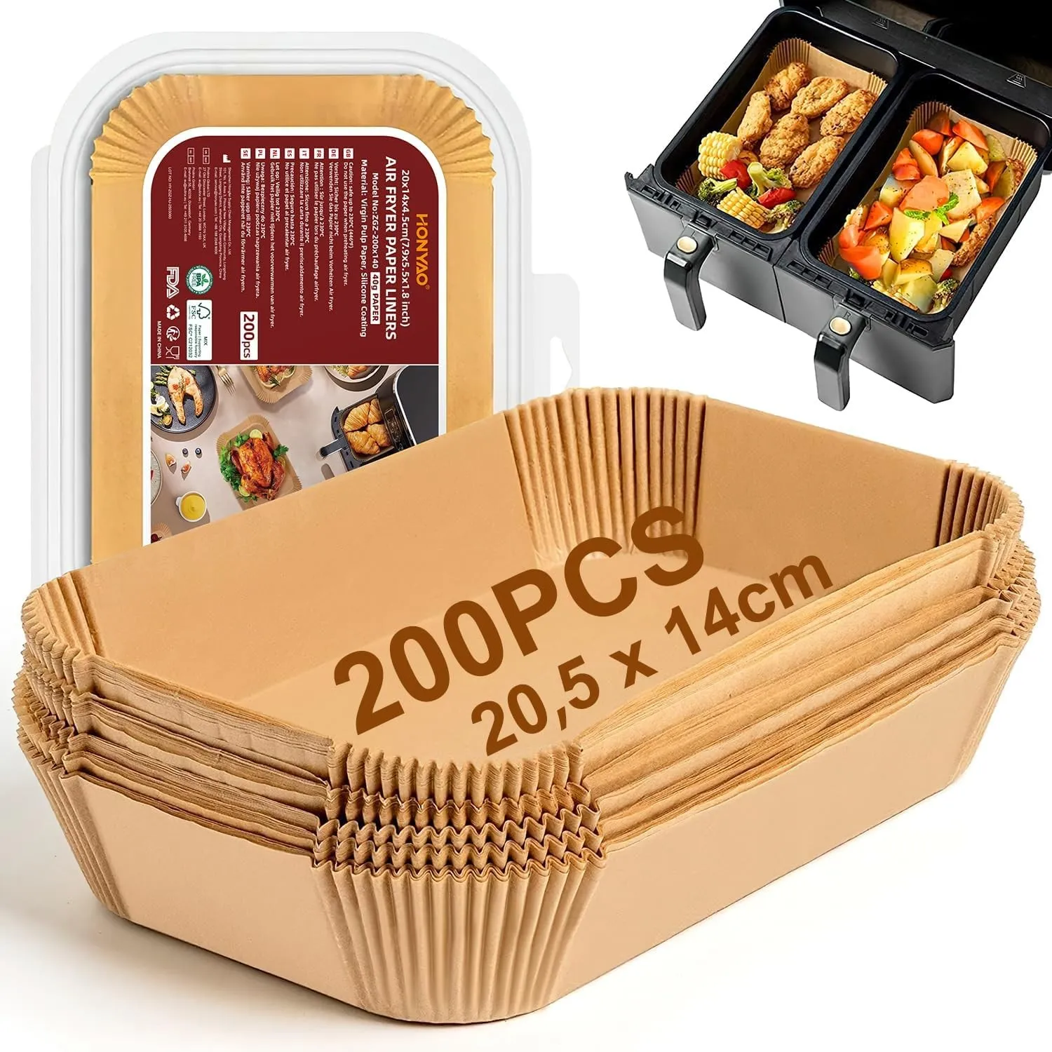 HONYAO 200 Stück Backpapier für Heißluftfritteuse Dual Zone, 20,5x14 cm Rechteckig Airfryer Papier Zubehör kompatibel m…
