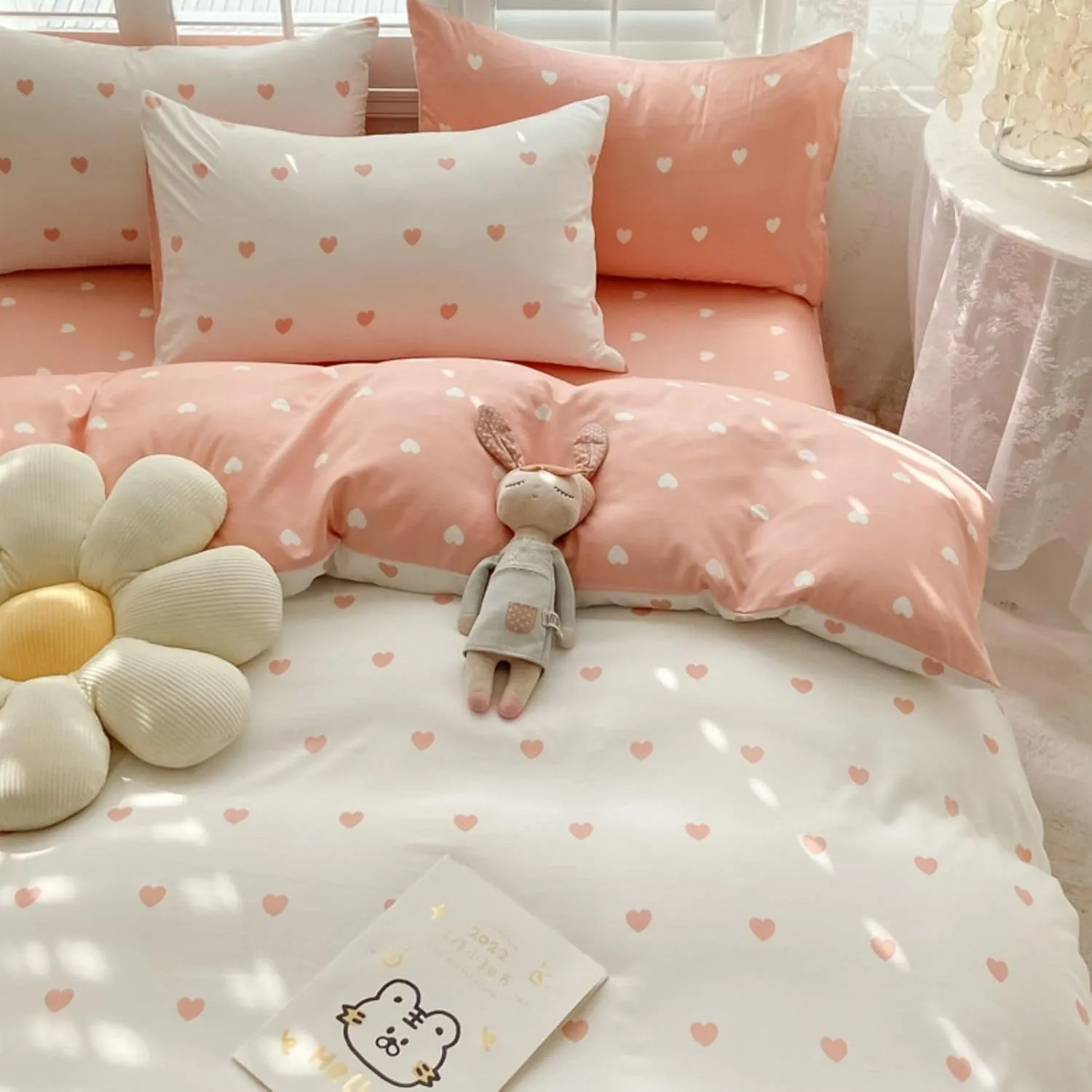 Freyamy Herz Bettwäsche 135x200 Herzen Weiß Rosa Herzchen Bettwäsche Set