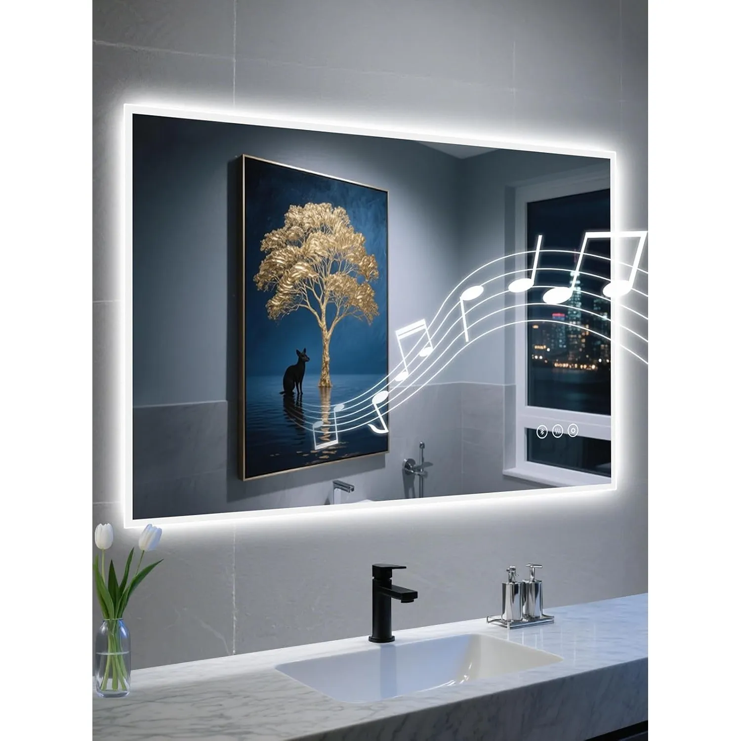 60x90cm Badezimmerspiegel Mit Licht Mit Bluetooth, Badspiegel Mit Beleuchtung mit Defogger, Dimmbar, 3 Lichtfarben, Spe…