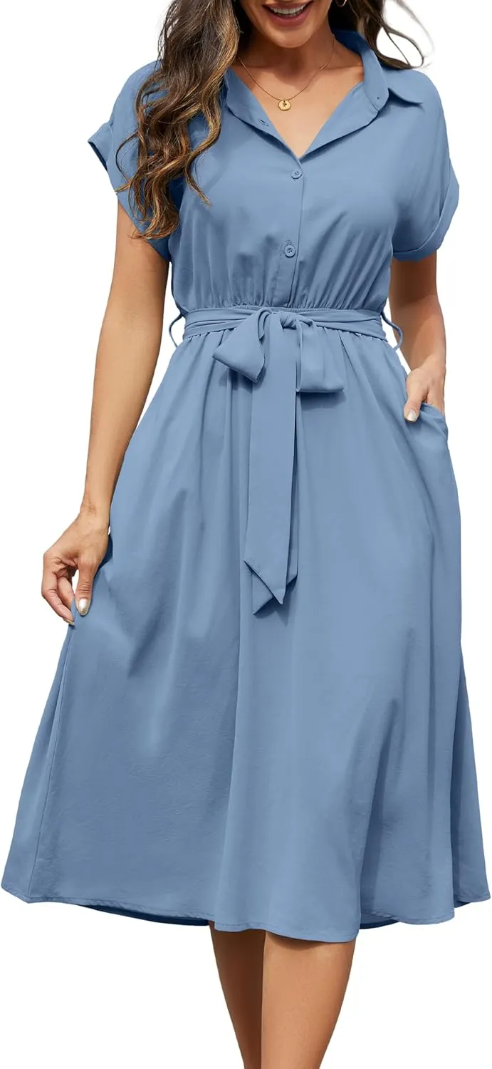 Cassiecy Sommerkleid Damen Knielang Kurzarm Blusenkleid Elegant V-Ausschnitt Midikleid Casual Wickelkleid Strandkleid mit Taschen