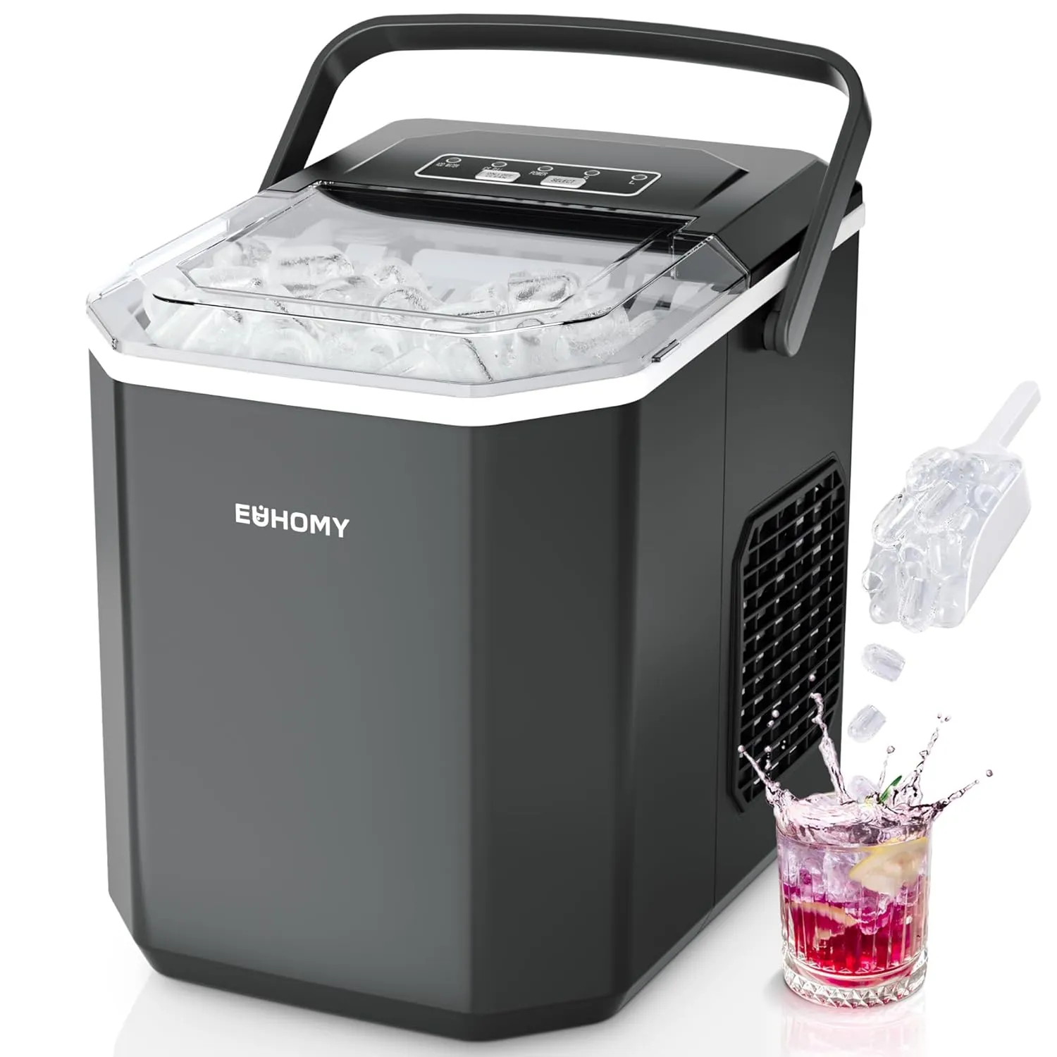 EUHOMY Ice Cube Maker, 9 Cubes in 6 Mins, Bullet Ice Maker, 2 Cube Sizes, Stainless Steel Ice Maker for Countertop, 12k…