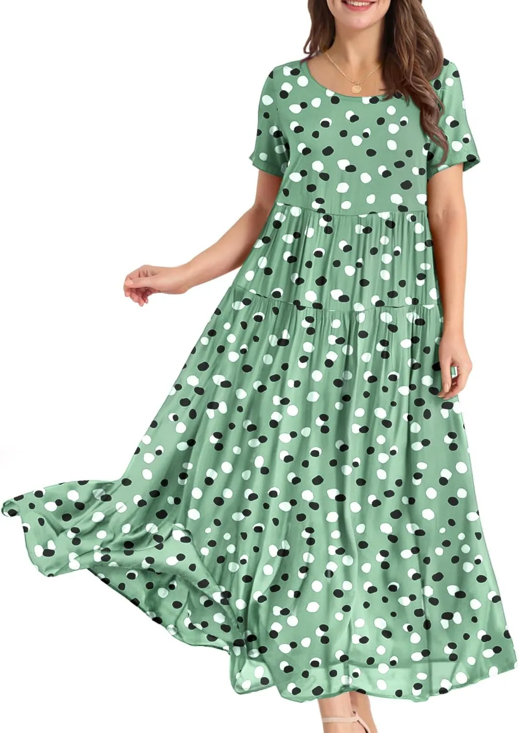 YESNO EJFDE Women's Casual Loose Summer Dress, Long Boho Round Neck Maxi Dress, Beach Dress, Flower Dress
