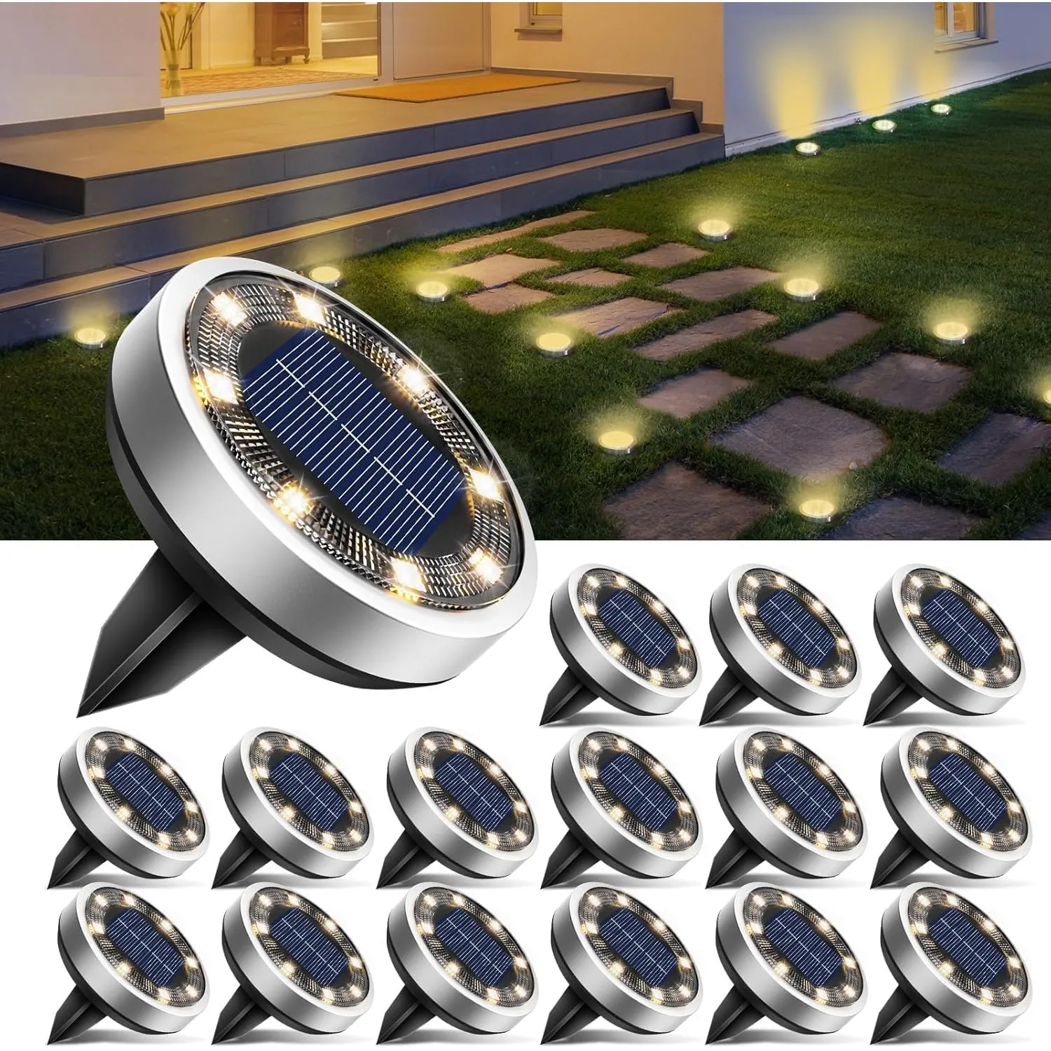 btfarm 16 Stück Solar Bodenleuchten Aussen, 8 LED Gartenbeleuchtung Solar Wasserdicht Boden Solarleuchten, Solarlampen …