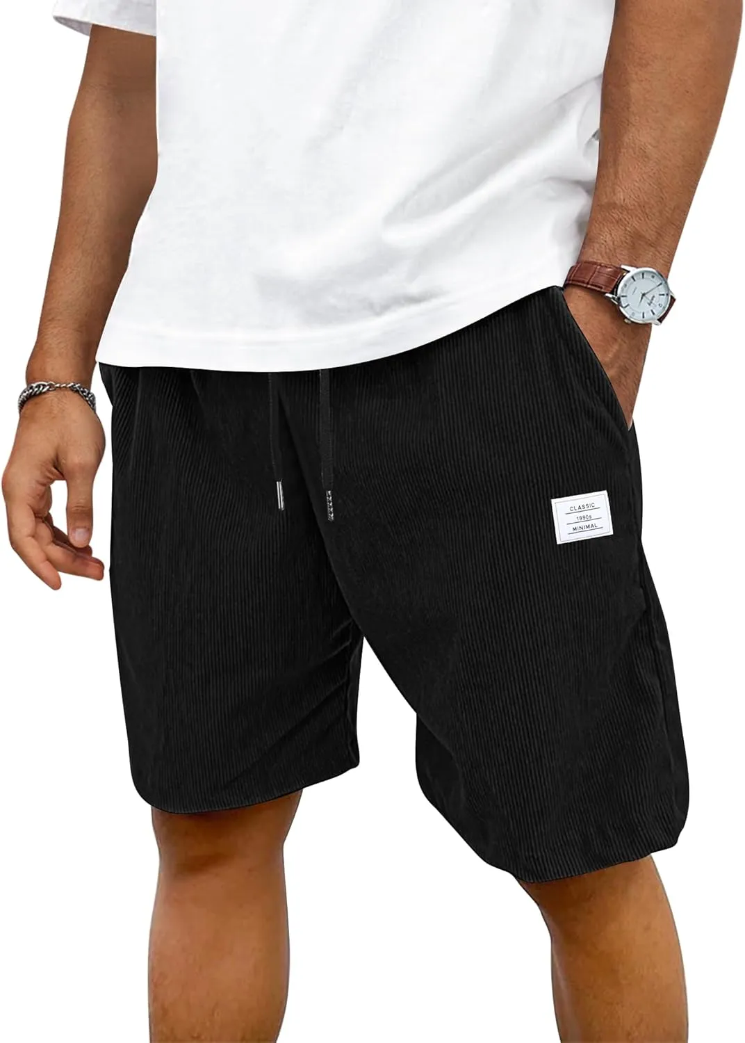 TARAINYA Corduroy Men's Cotton Drawstring Shorts, Summer Stretch Shorts with Pockets