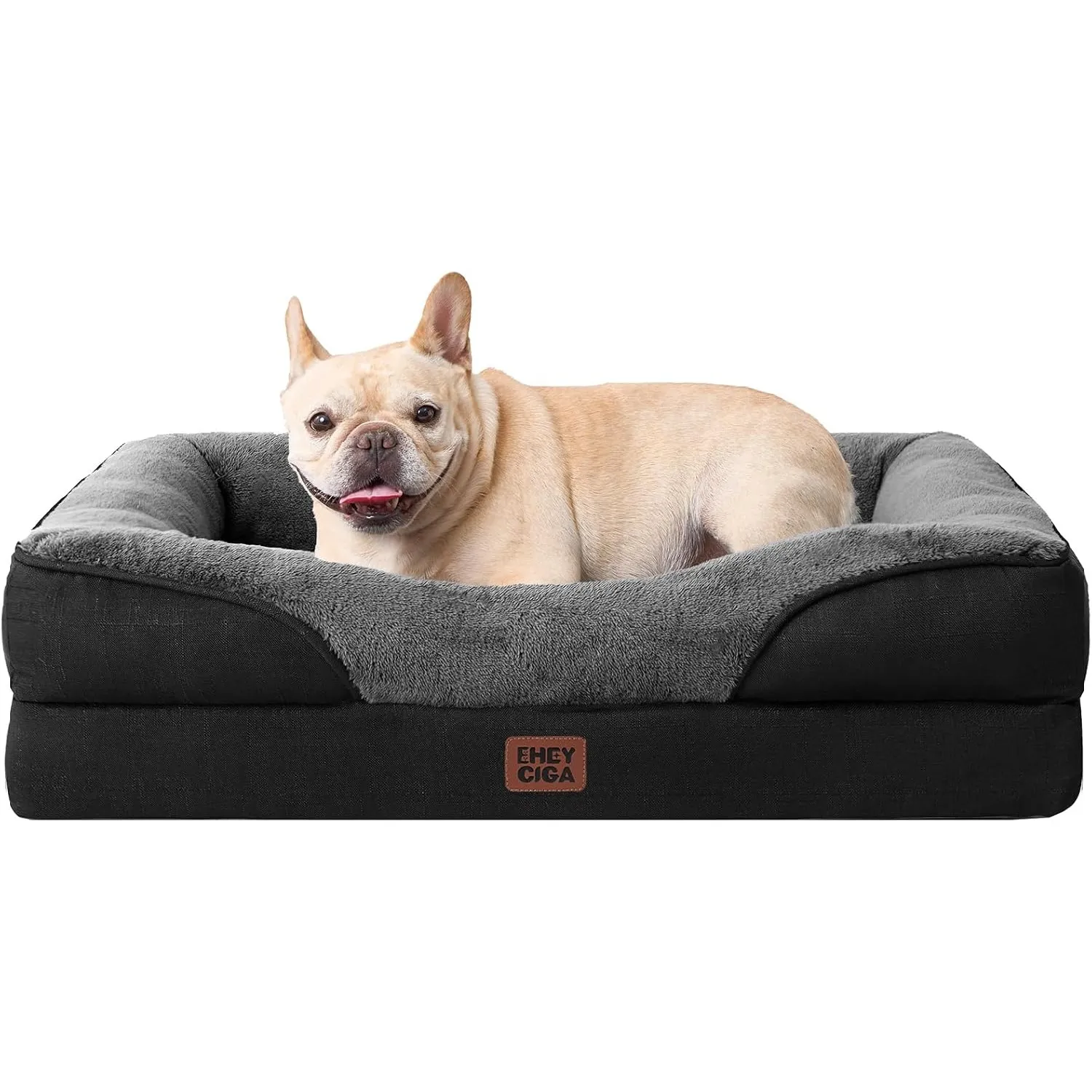 EHEYCIGA Orthopädisches Hundebett mit 4 Rändern, 76x51cm, Grau/Schwarz | Memory Foam, Waschbarer Bezug, Wasserdichte Be…