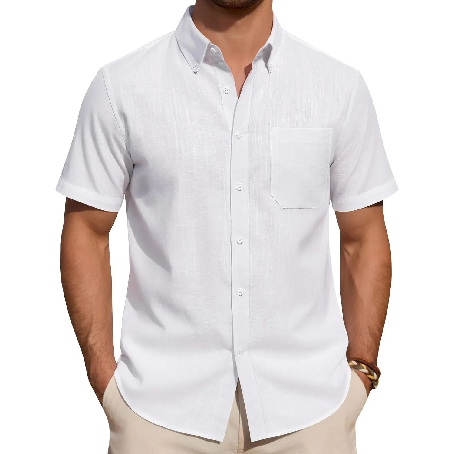 J.VER Leinenhemd Herren Kurzarm Hemd Sommer Freizeithemden Herren Casual Beach Shirts Regular Fit Männer Leinen Hemd Bu…