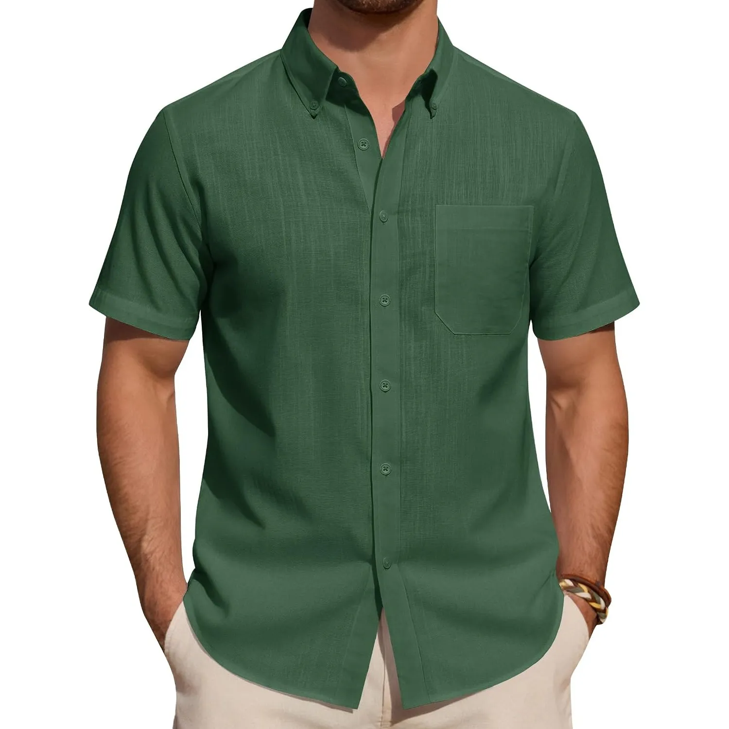 J.VER Leinenhemd Herren Kurzarm Hemd Sommer Freizeithemden Herren Casual Beach Shirts Regular Fit Männer Leinen Hemd Bu…