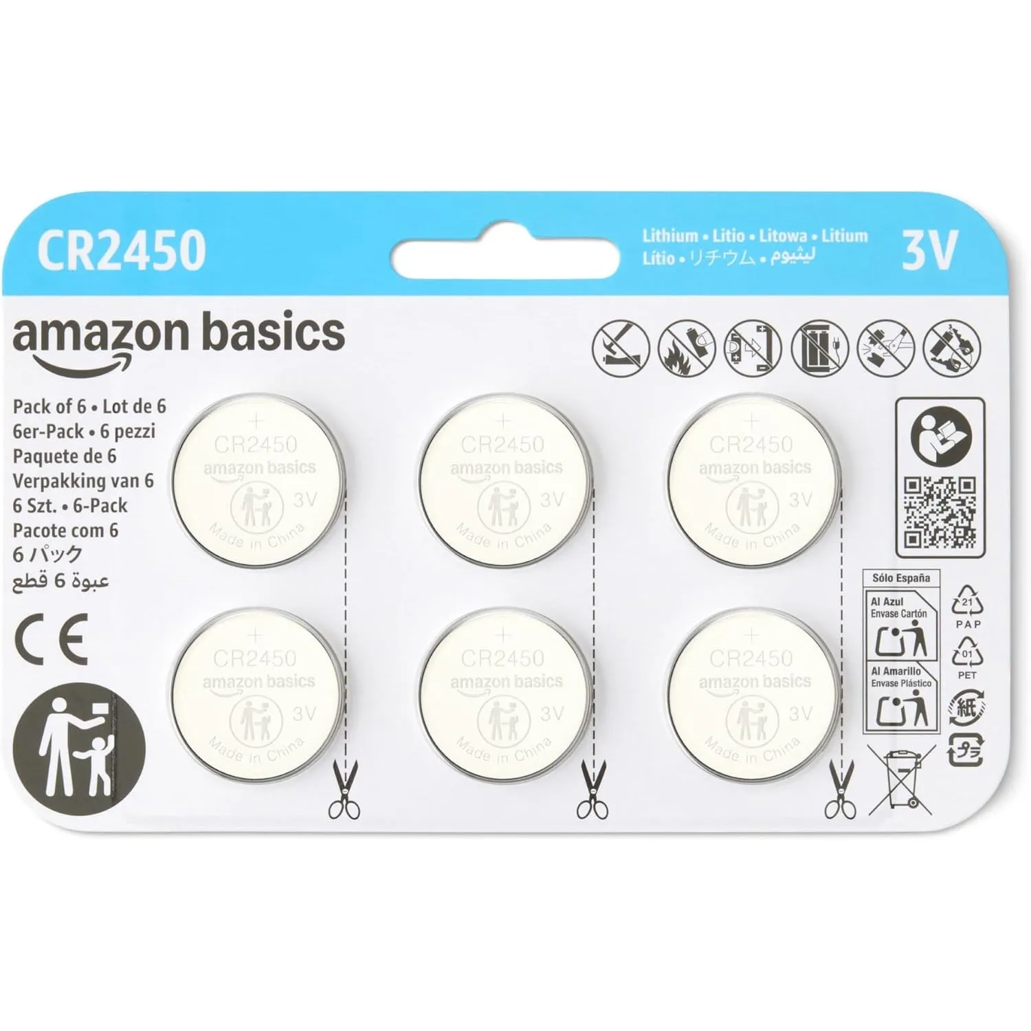 Amazon Basics CR2450 Lithium-Knopfzellenbatterie, Langlebige Leistung, frei von Quecksilber, 3 V, kindersichere Verpack…