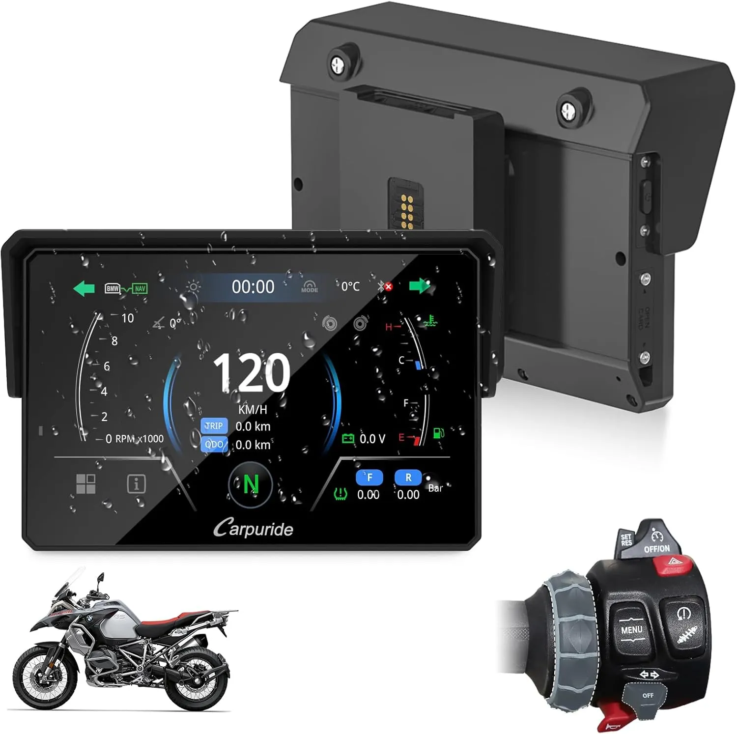 CARPURIDE W502BS Pro für BMW-Motorrad, CarPlay & Android Auto, Dual-Bluetooth, 5 Zoll Wasserdichter GPS-Navigations Bildschirm, Datenablesung, Native Wonder, TPMS, Lichtsensor, Musikfreigabe