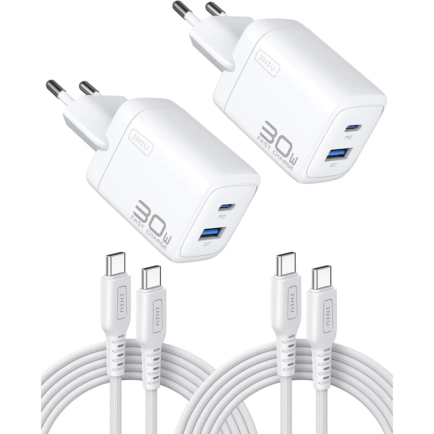 INIU 30W USB C Ladegerät, 2-Pack Weiß Schnellladegerät mit 1,5m 60W Kabel