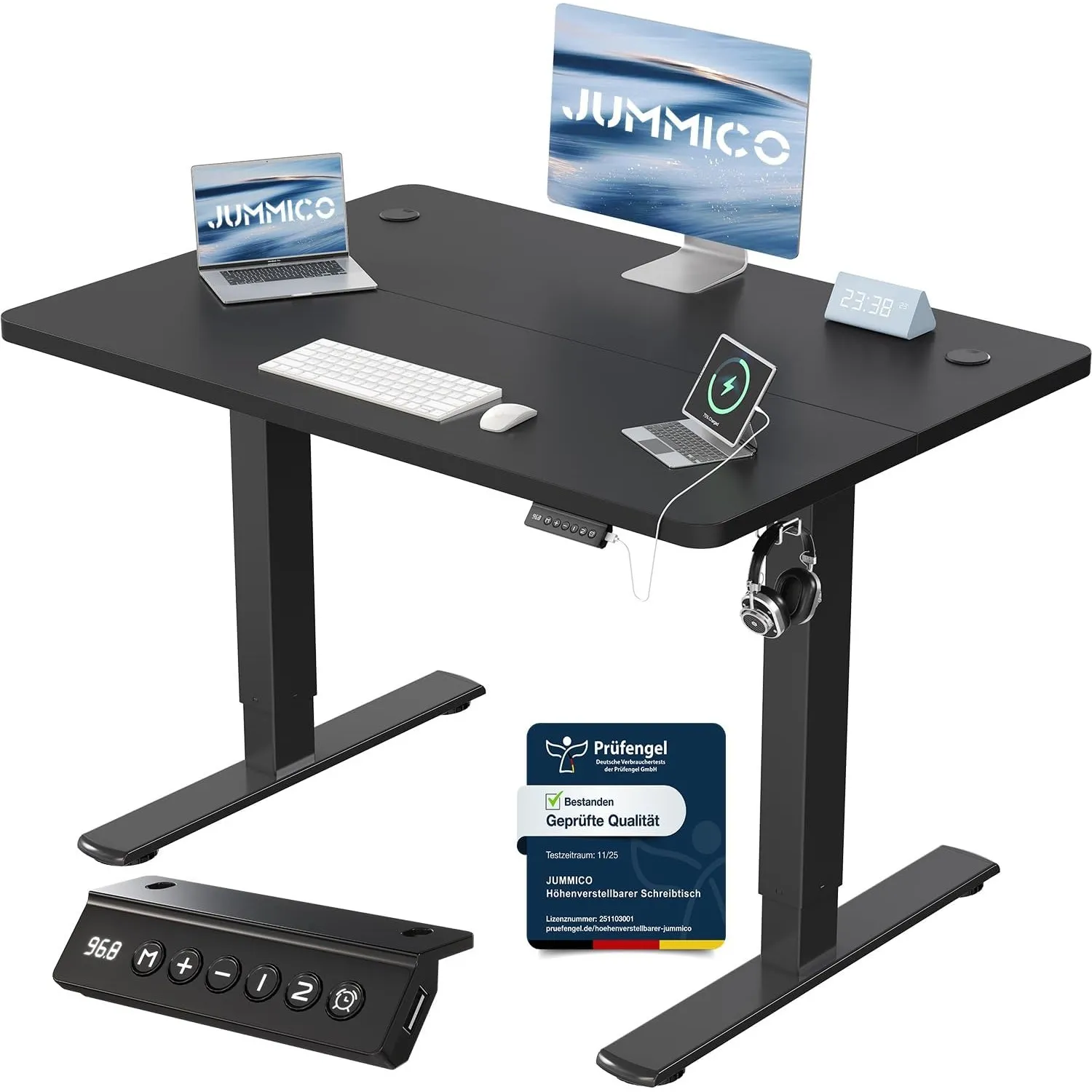 JUMMICO Höhenverstellbarer Schreibtisch mit USB-Ladeanschluss,Schreibtisch Höhenverstellbar Elektrisch 100 x 60 cm, Ste…