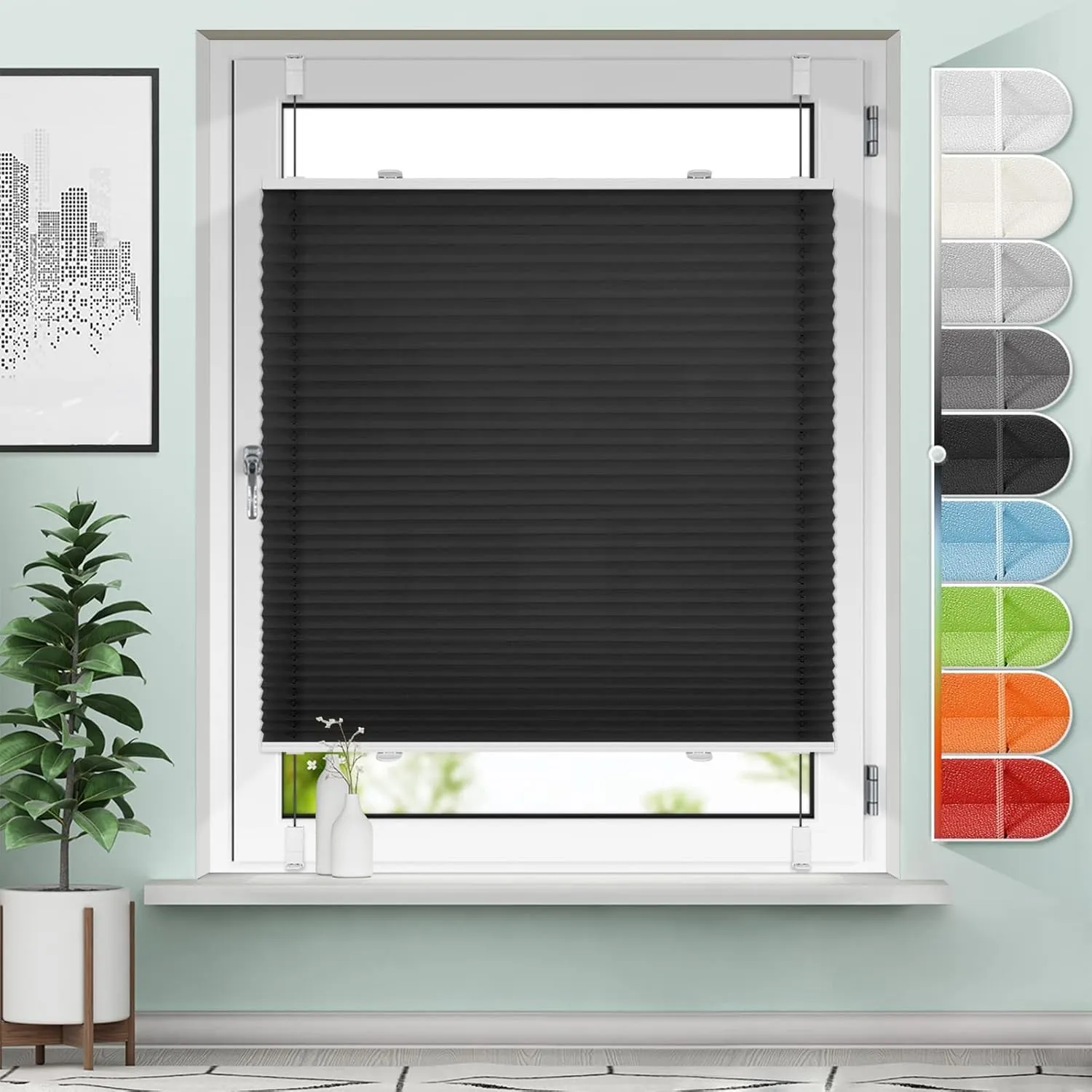 Plissee ohne Bohren Klemmfix Plissees Schwarz B65 x H90 cm Faltrollo Plisseerollo Jalousien Rollos für Fenster ohne Boh…