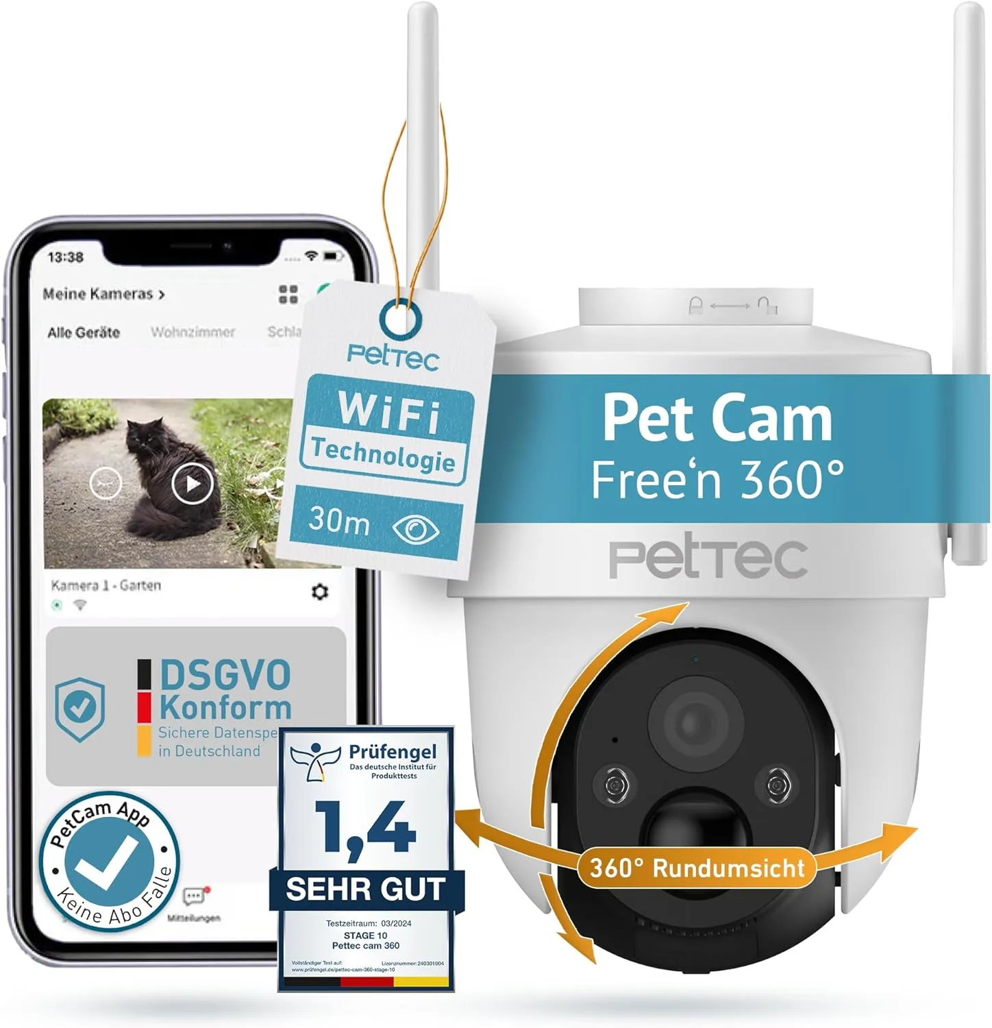 PetTec - Pet Cam Free'n 360 Überwachungskamera Wi-Fi/WLAN 2.4GHz mit Akku & Pan&Tilt Funktion [OHNE ABO-Falle] - Outdoo…