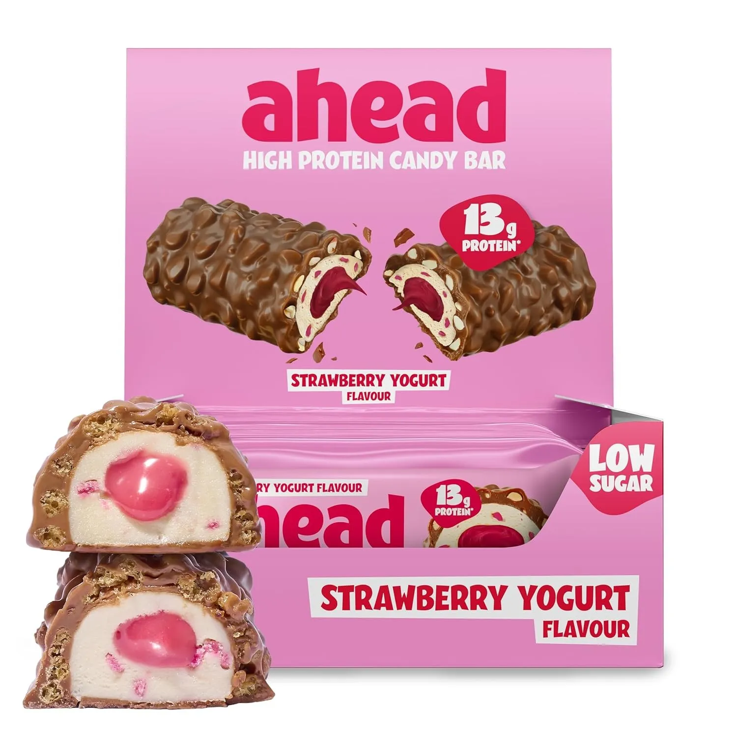 ahead Protein Riegel | Strawberry Yogurt | 14x 45g Extra softer Protein Riegel mit cremigem Kern | Low Carb Eiweißriege…