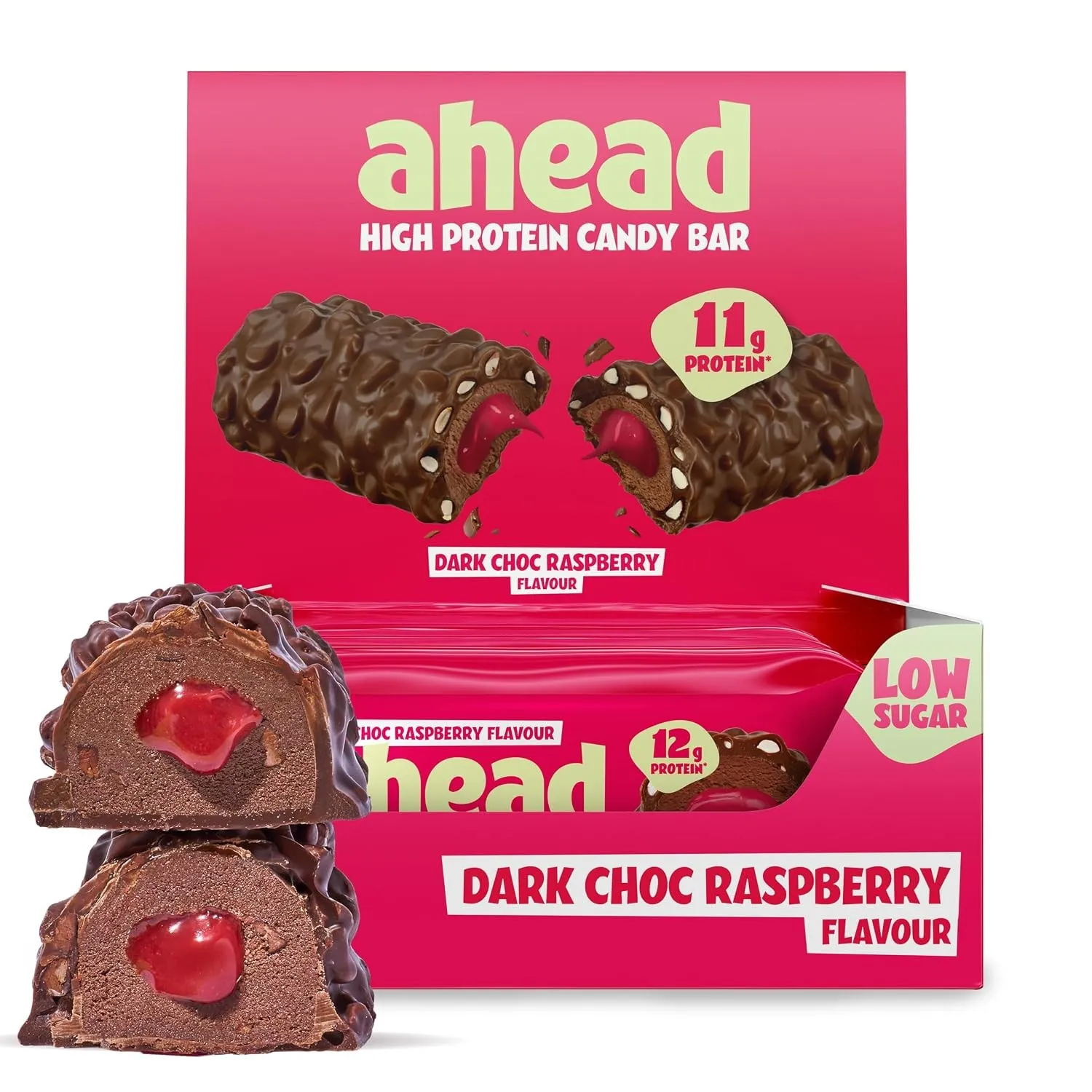 ahead Protein Riegel | Dark Chocolate Raspberry | 14x 45g Extra softer Protein Riegel mit cremigem Kern | Low Carb Eiwe…