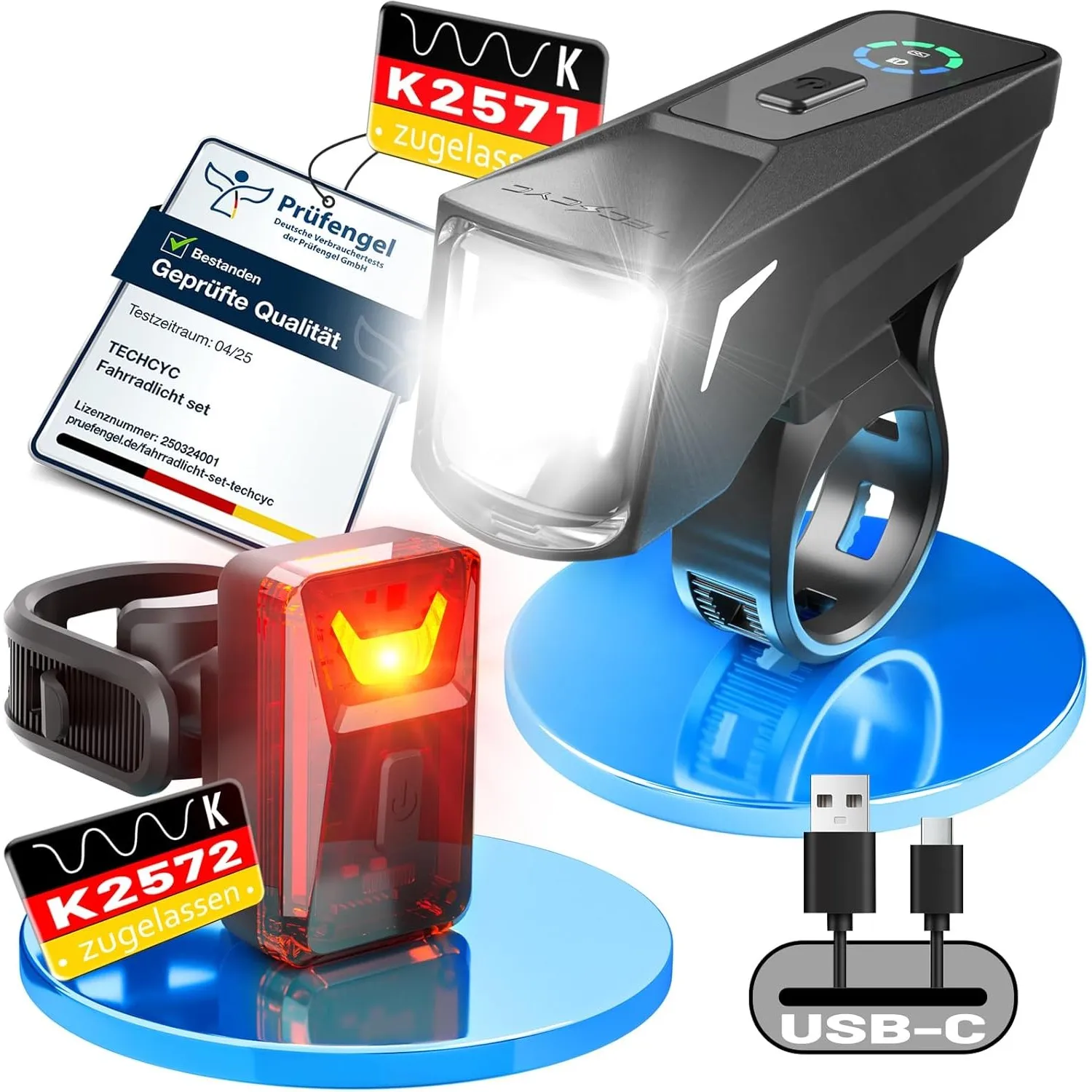 TECHCYC StVZO Fahrradlicht Set LED 70 Lux | Lichtsensor | USB-C | IPX6