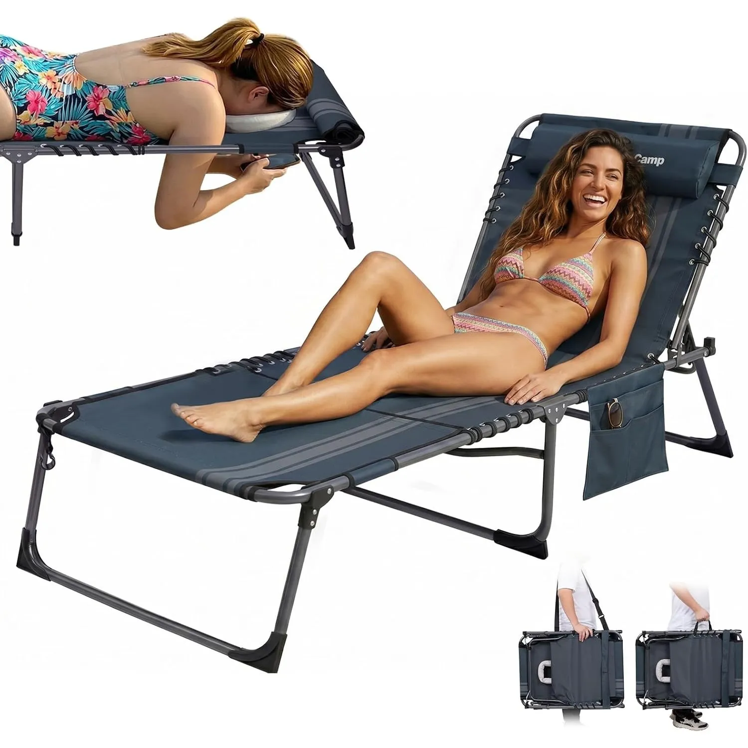KingCamp Sonnenliege Klappbar mit Loch für Kopf & Arme, bis 180 kg, Blau | Gartenliege Klappbar, 5-Position-Verstellbar…