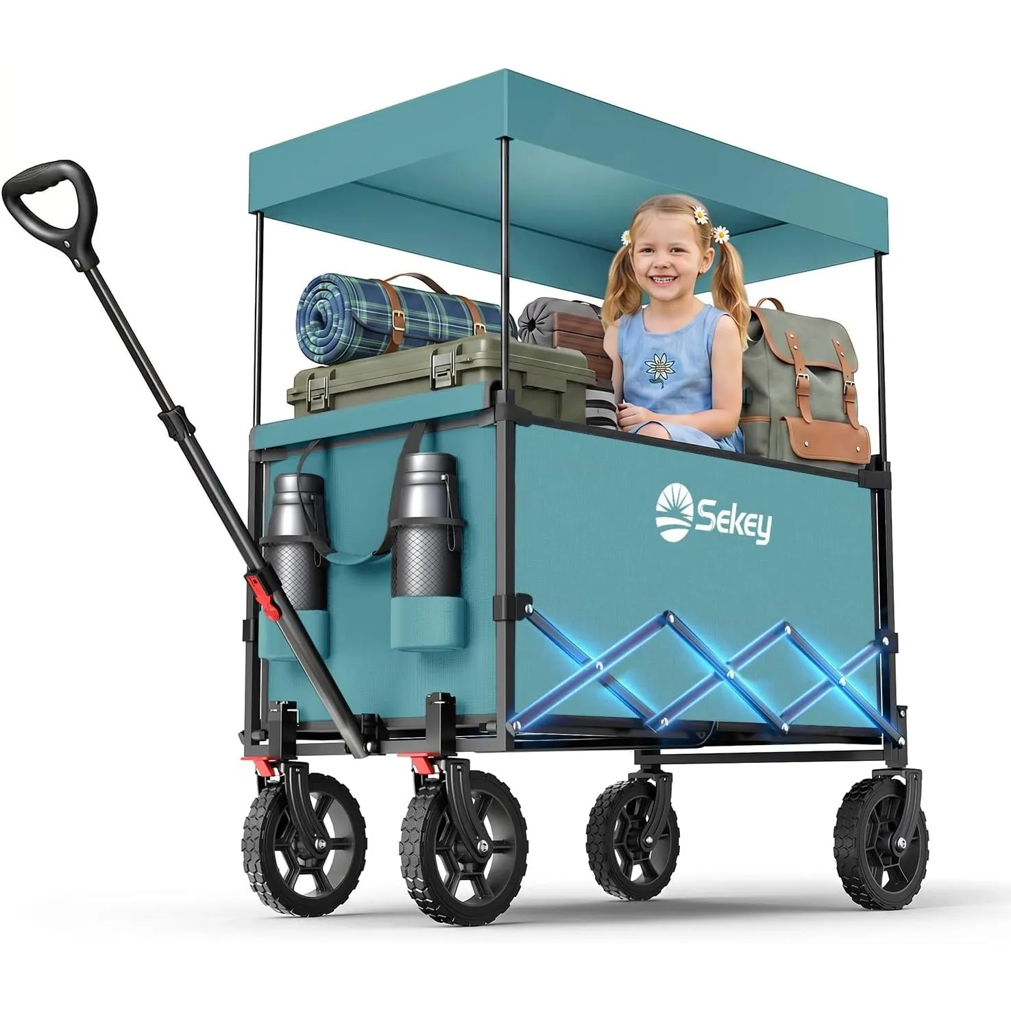 Sekey XXL Bollerwagen Faltbar Kinder 150L 150KG, Faltbarer Bollerwagen mit Dach Klappbarer Handwagen mit Sonnenschutz f…