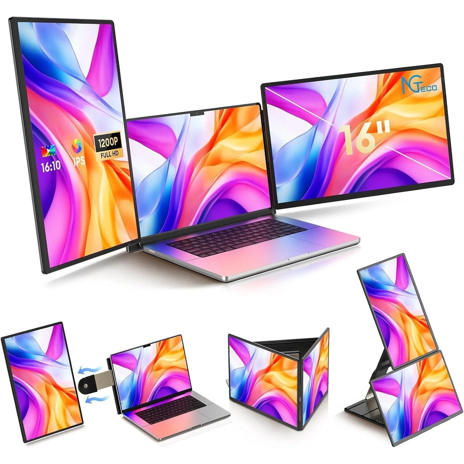 NGTeco Laptop Bildschirm Erweiterung, 16" FHD 1200P Triple Portable Monitor, Portable Screen with Type-C/HDMI/USB-A Por…