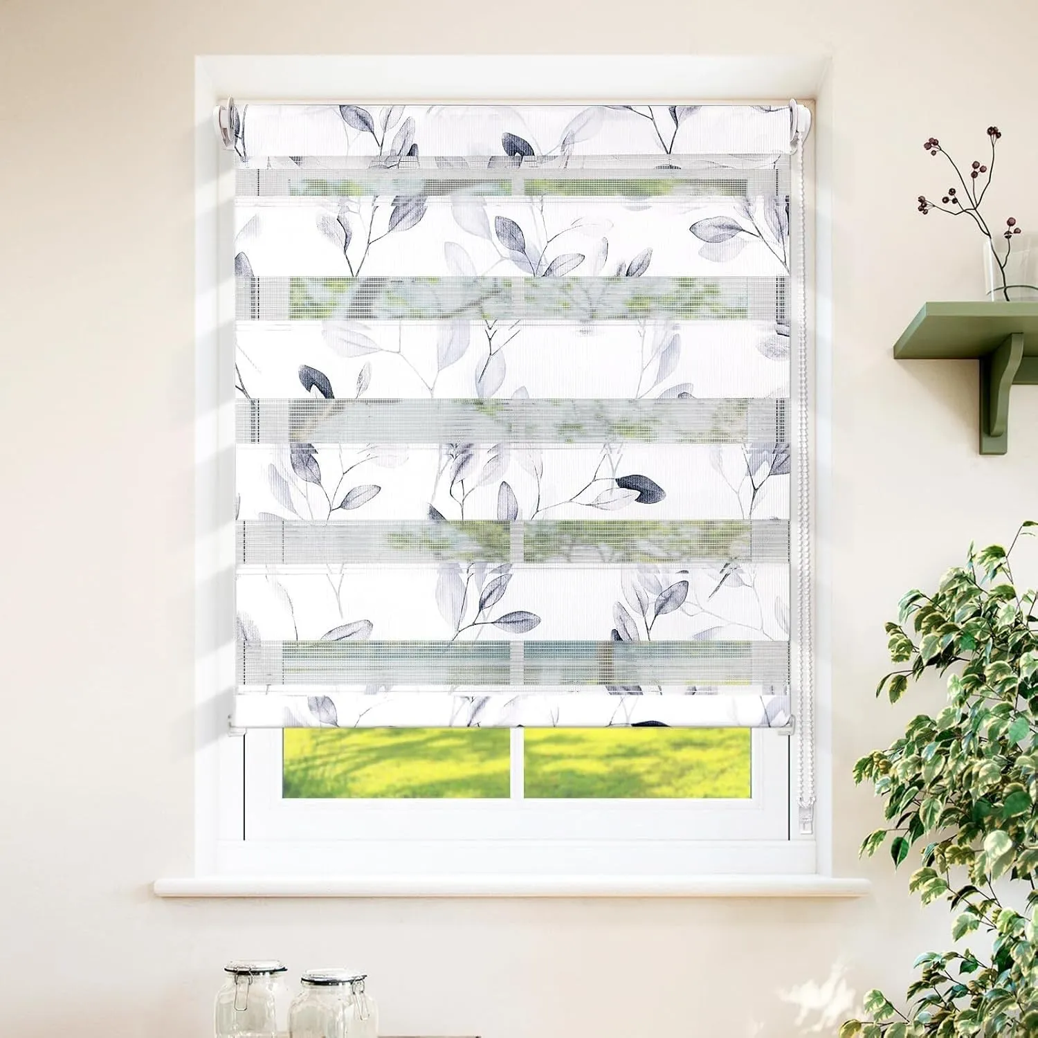 Grandekor Doppelrollo Klemmfix ohne Bohren mit Muster B75 x H120 cm (Stoffbreite 71cm) Blätter der Freiheit, Duo Rollo …