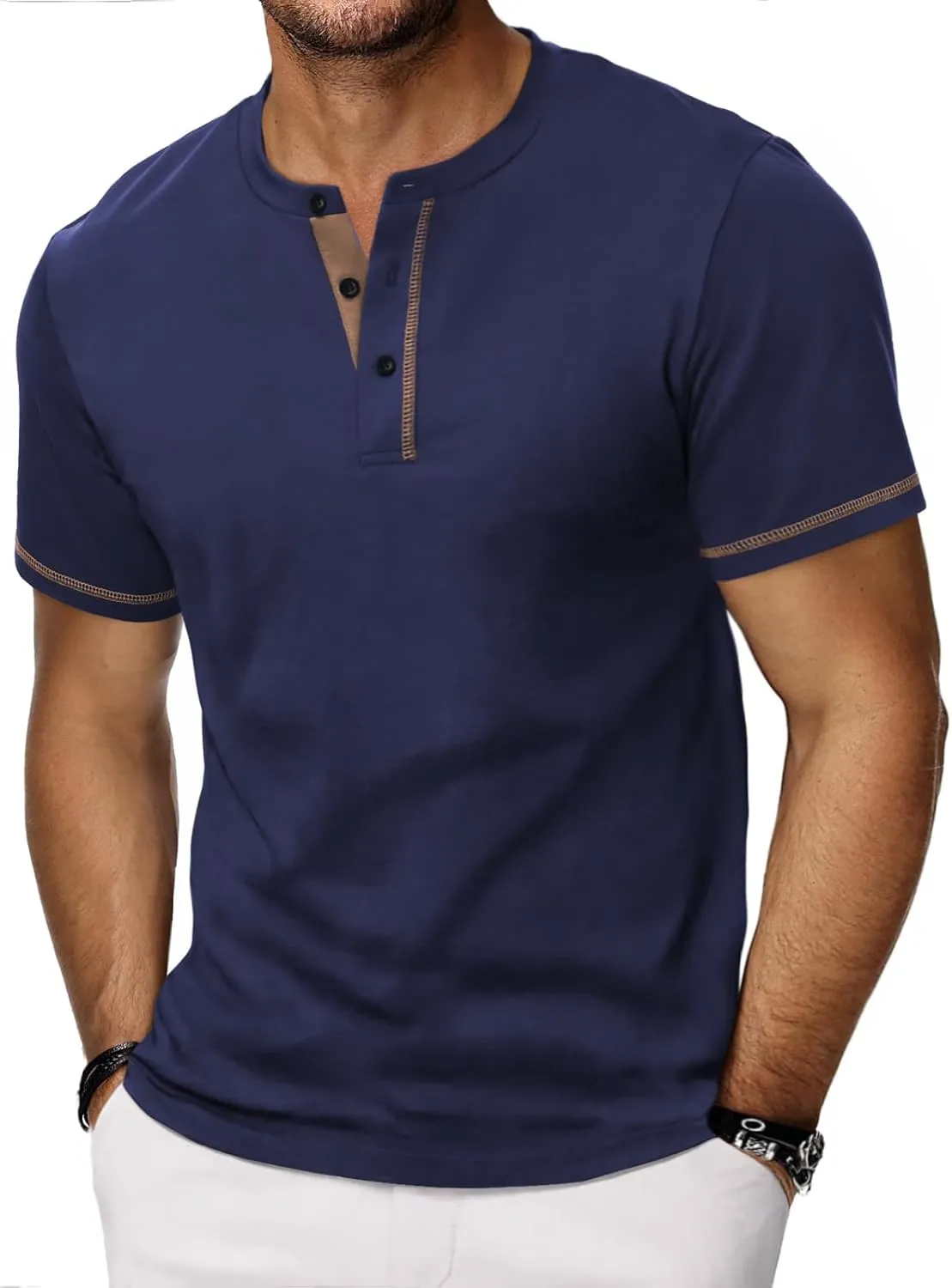 HMIYA Henley Short Sleeve T-Shirts for Men Summer Shirt Cotton Button Colour Block Sleeves T-Shirt for Men