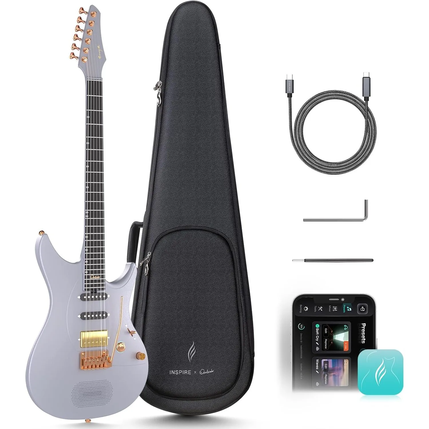 Enya Inspire 39" Smart E-Gitarre aus Kohlefaser mit 15W Wireless Lautsprecher | 20 Klang-Presets per App | Komplettset …