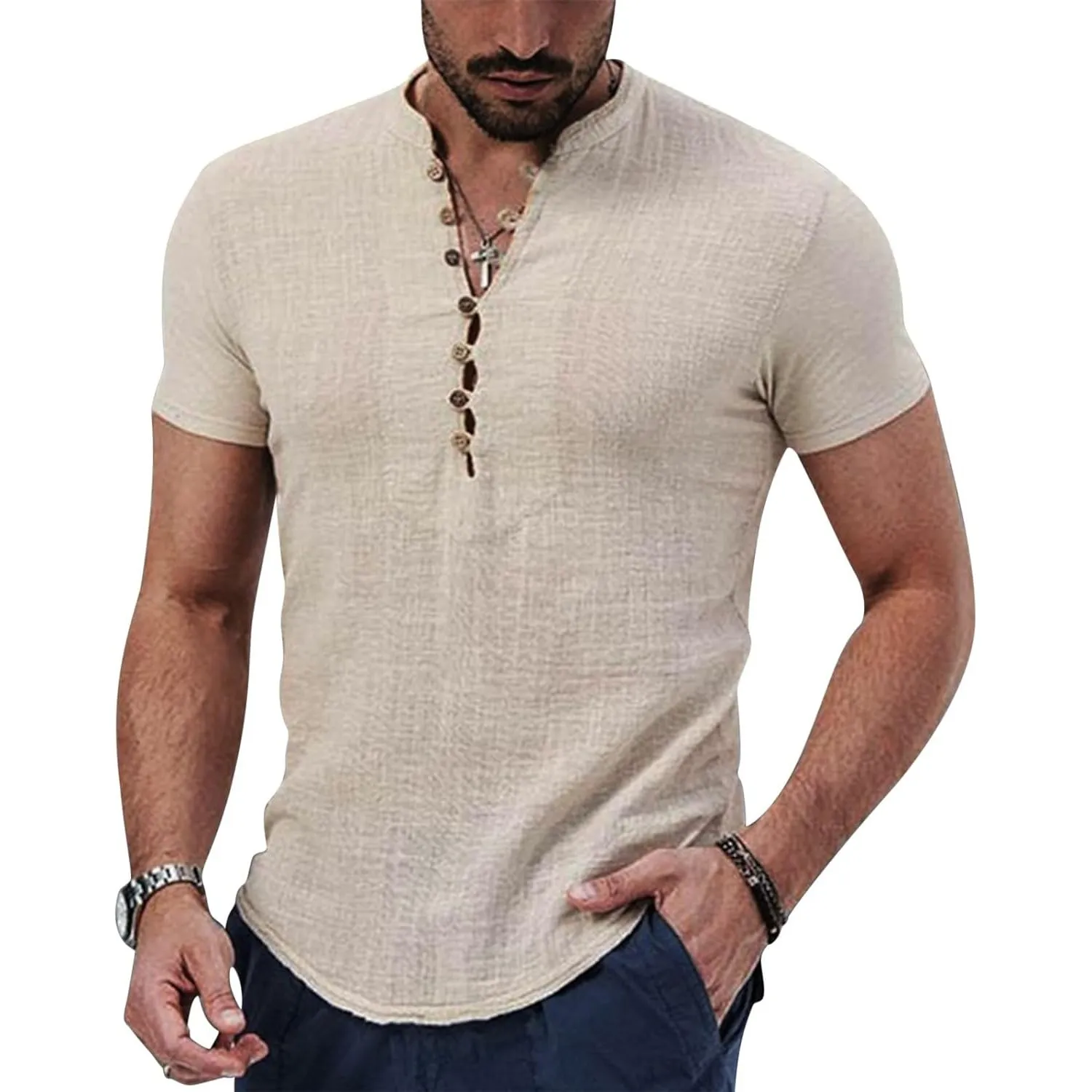 Puimentiua Leinenhemd Herren,Hemd Kurzarm,Sommer Kurzarmhemd,Regular Fit Sommerhemd mit Stehkragen und Knöpfen (S-3XL)