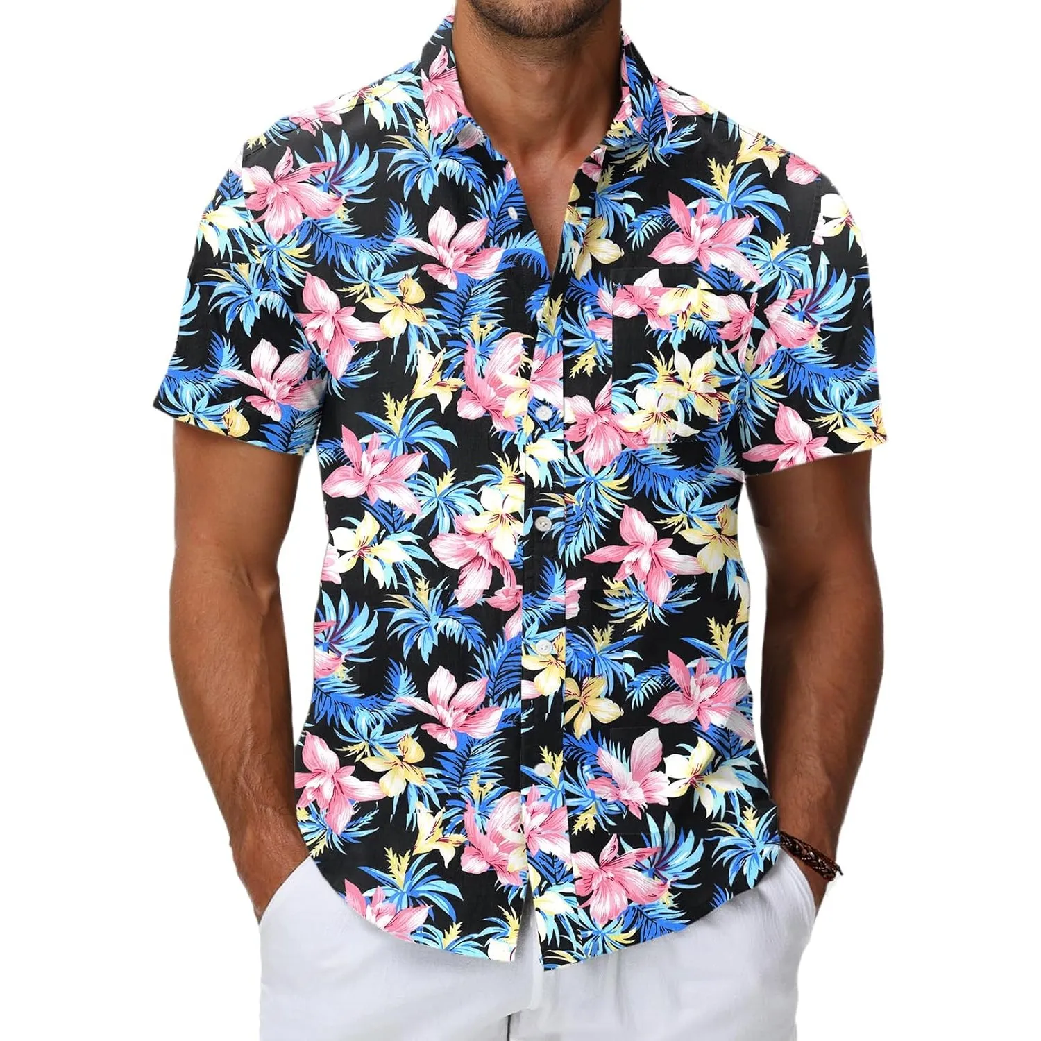 HMIYA Herren Hawaii Hemd Männer 100% Baumwolle Unisex Kurzarm Vordertasche Button Down Sommer Freizeit Urlaub Strand