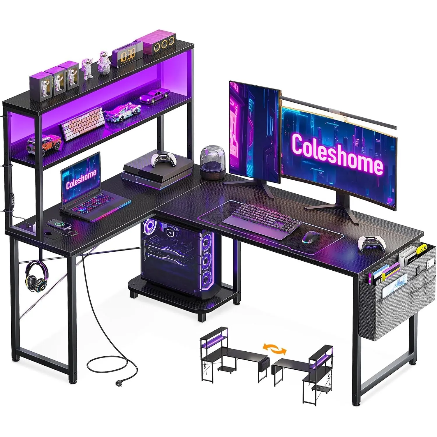 Coleshome Gaming Tisch L Form mit LED & Display Regal, 135×100 cm, Schwarz
