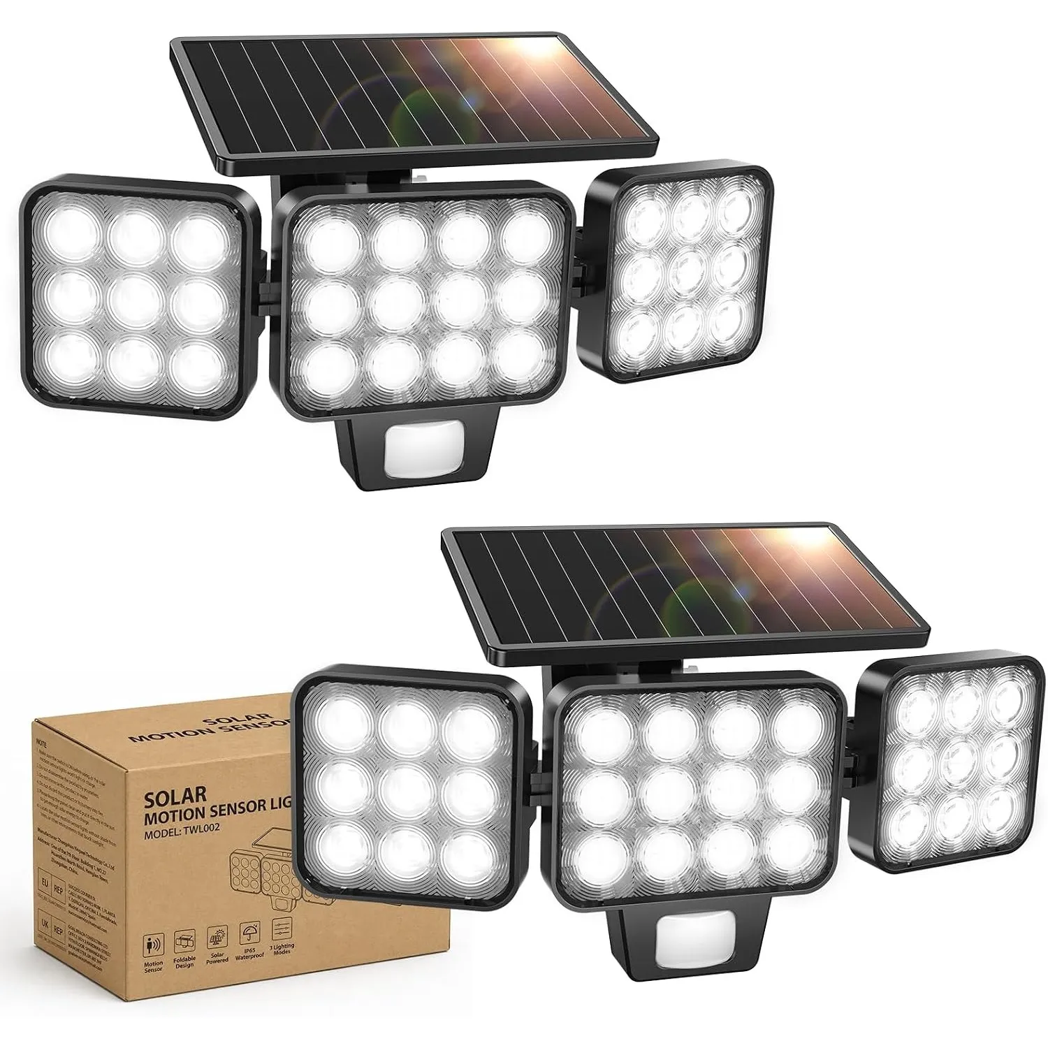 GEARLITE Solarlampen für Außen mit 120 LEDs, Linsenfokus & Bewegungsmelder | 2Pack, 3500Lumen, 3 Köpfe & 3 Modi, 3600mA…