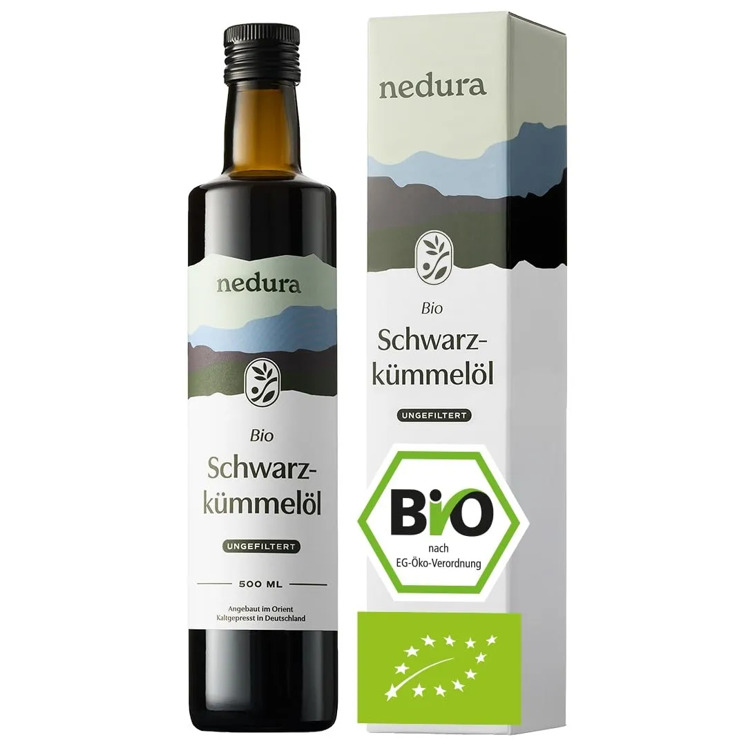 nedura® Schwarzkümmelöl BIO kaltgepresst (ungefiltert) 500ml – mit hohem Thymochinongehalt, BIO-Zertifiziert & 100% rei…