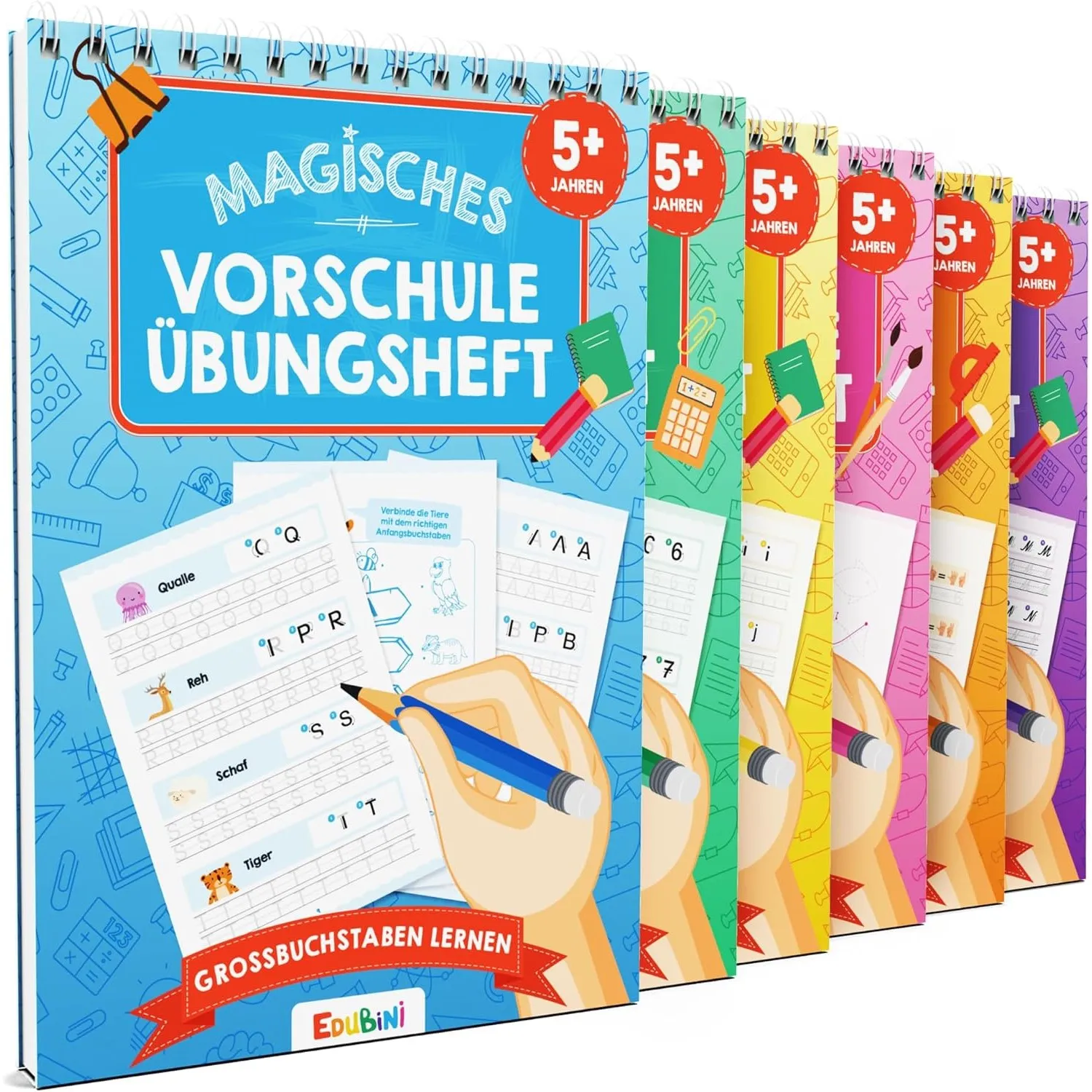 Edubini Magische Vorschule Übungshefte ab 5 Jahren für Junge & Mädchen - [6 Hefte + Stift] - Wiederverwendbare Schreibl…