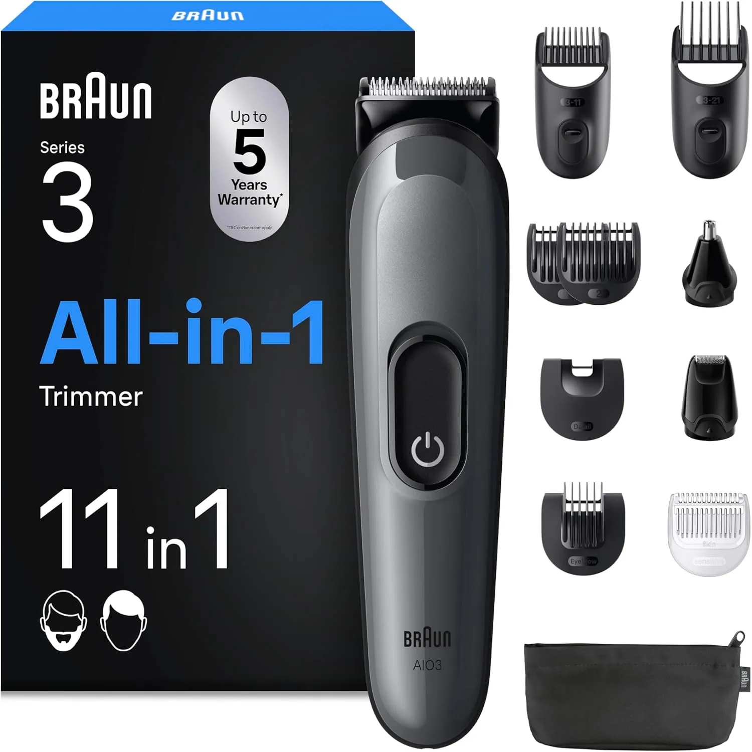 Braun Multigroom All-in-One Series 3, 11-in-1 Trimmer-Set 3, AIO3565, Grau | Barttrimmer, Nasenhaartrimmer, Haarschneid…