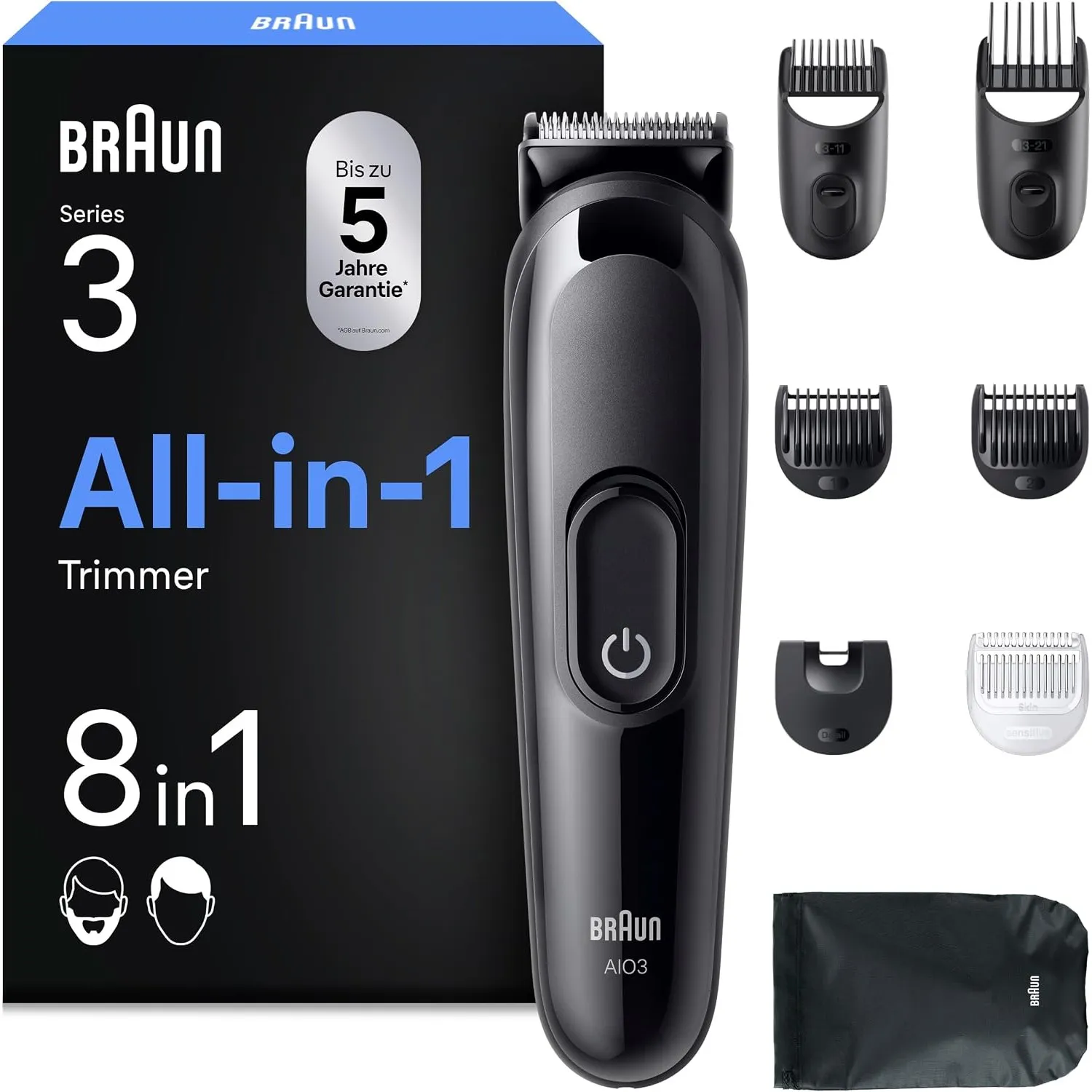 Braun Multigroom All-in-One Series 3, 8-in-1 Trimmer, AIO3545, Schwarz